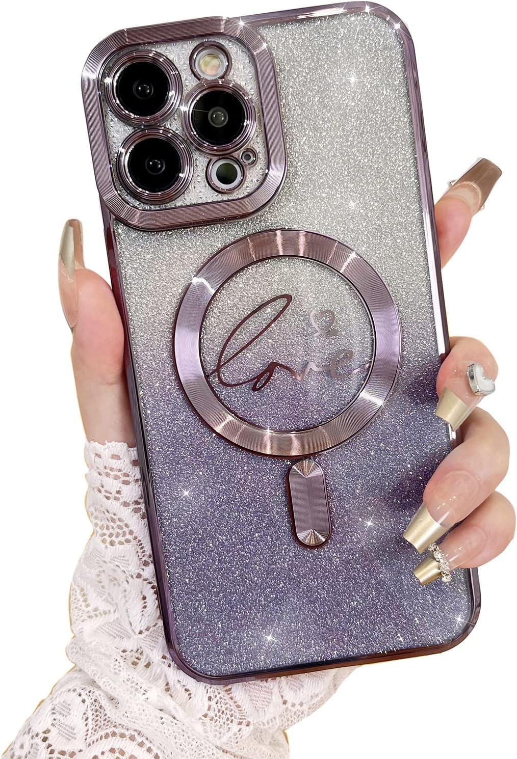 ELEPIK for Iphone 17 Case with Camera Protector, [Full Camera Cover Protection] [Compatible with Magsafe] [Love Heart Plating] [Glitter Bling Plating] Clear Magnetic Slim Phone Case, Gold
