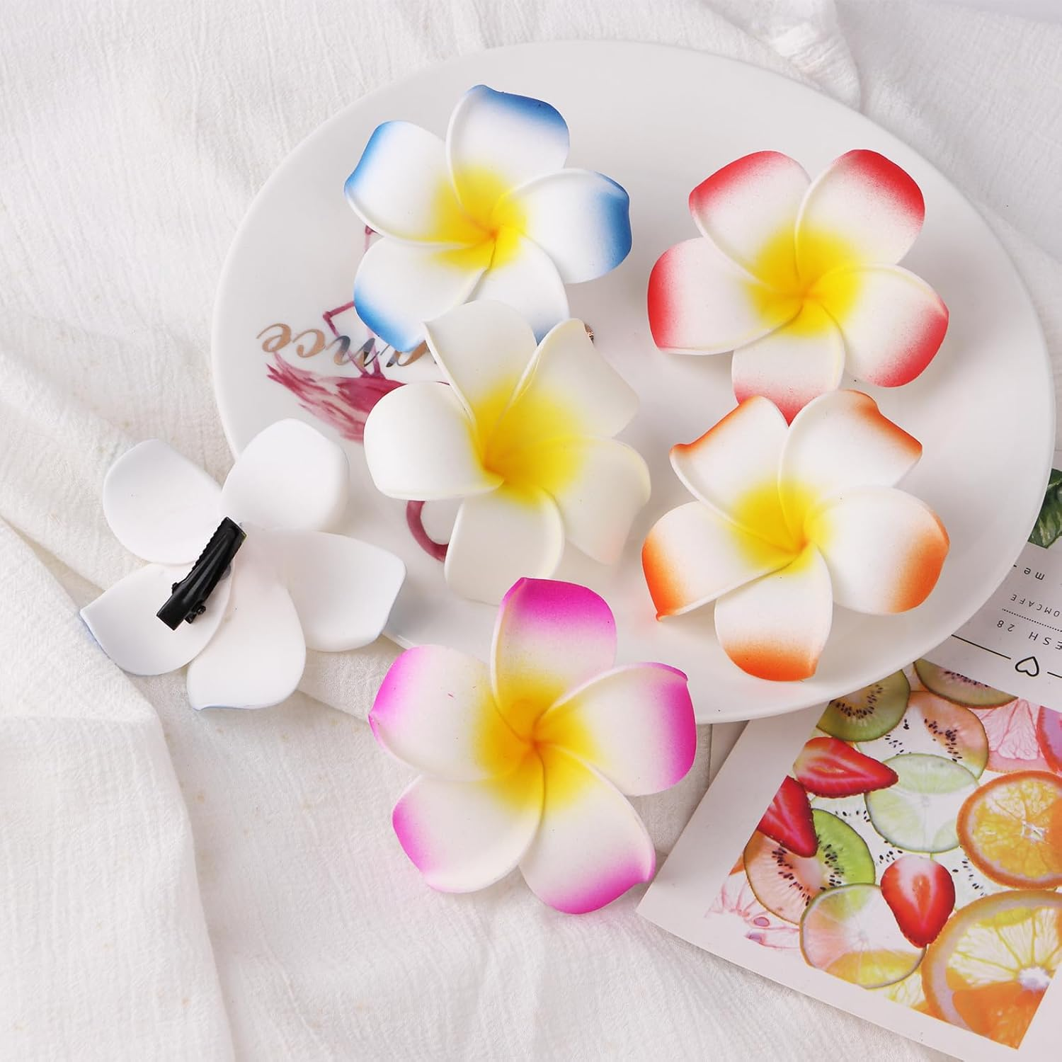 Nayyana 5 Pieces Hawaiian Flower Hair Clips Hawaiian Plumeria Hair Clip Artificial Flower Clips Hair Accessories for Holiday Beach Party Hairpin for Girls Wedding Holiday image number 3