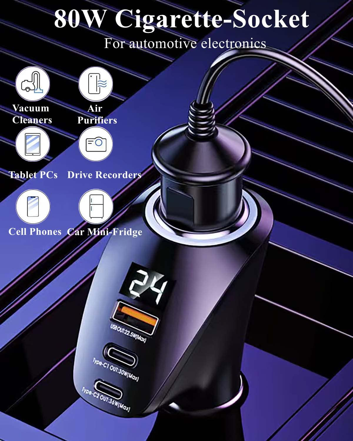 [PD36W&QC22.5W] Car Charger Adapter, 5 in 1 USB Car Phone Charger Multi Port, [Voltage Display] 12V/24V Car Adapter Compatible with Iphone 16/15/14/13/12/11/X,Ipad,Macbook,Samsung S22/S21, Etc