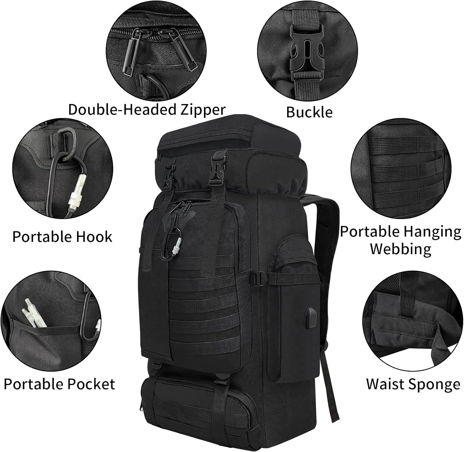 Dafape Men Women Hiking Backpack, 80 L Travel Daypack for Camping Outdoor Workout Cycling Sport Gym Large (Black) image number 3