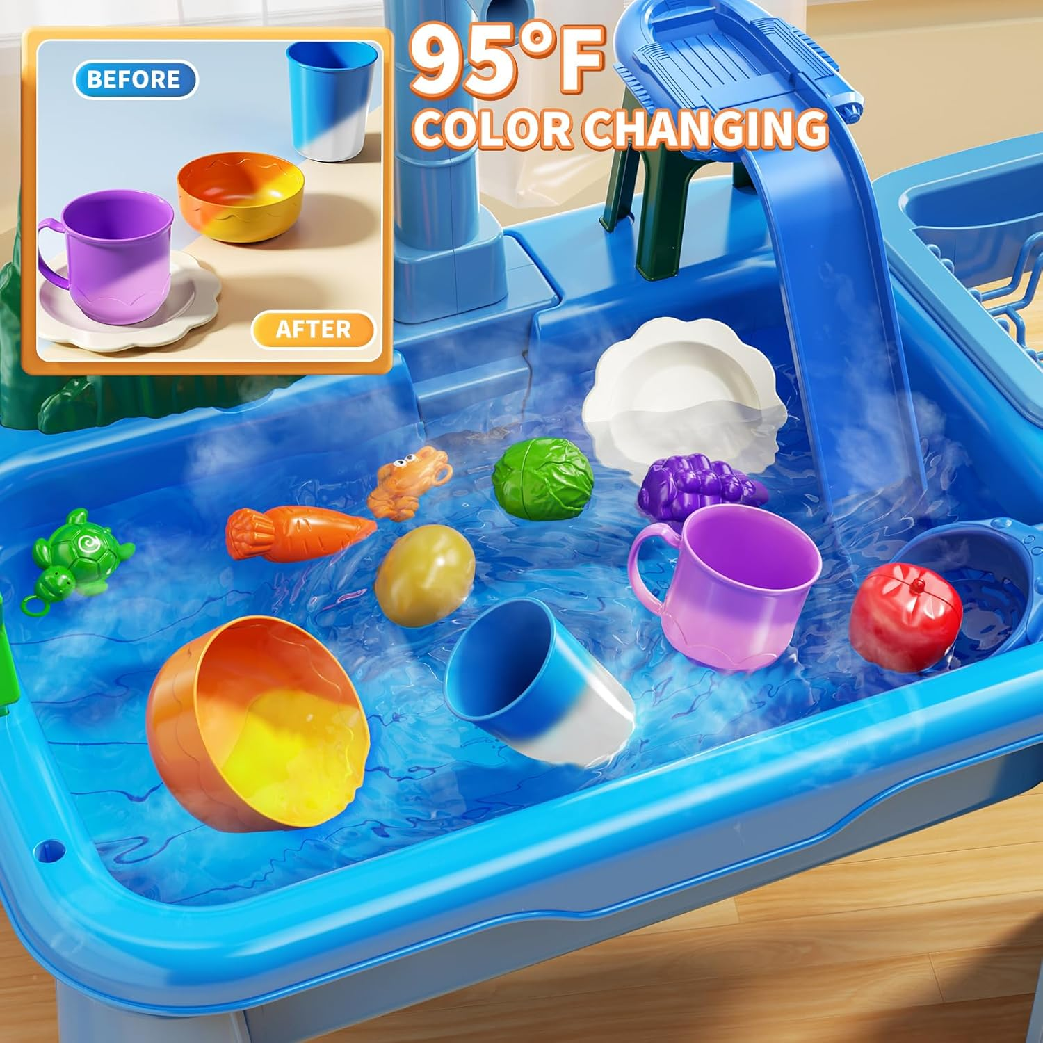 JUKUDAHU 4-In-1 Kids Kitchen Sink Toy for Toddlers 2 3 4 5 6 Years Old - Play Sink with Running Water, Water Table with Detachable Legs, Fishing Game, Pretend Play Dishwasher Gifts for Boy Girl(Blue) image number 6