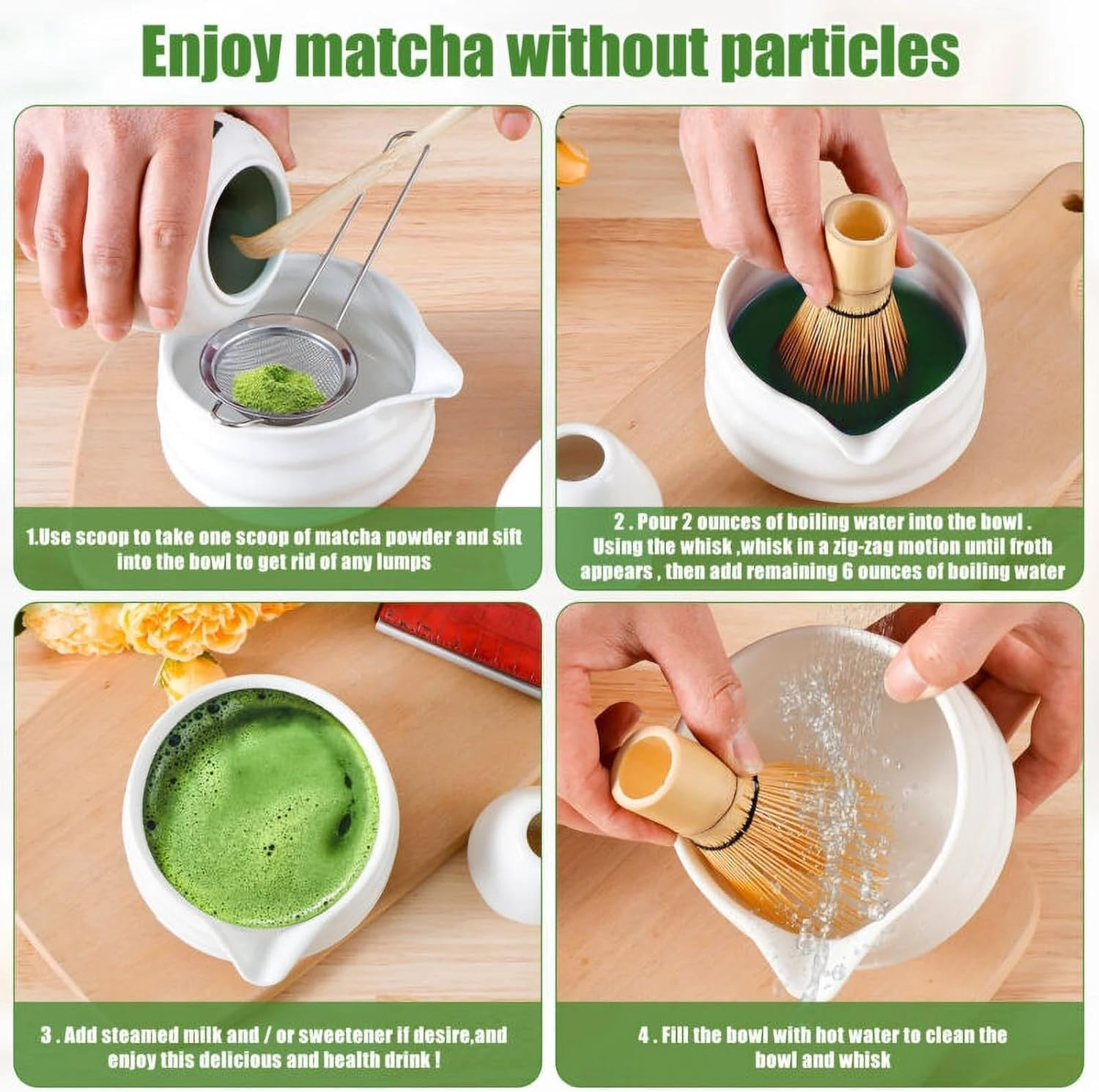 Matcha Whisk Set, Ceramic Matcha Set Includes Matcha Bowl, Matcha Whisk and Holder, Bamboo Scoop, Scoop Rest, Sifter and Tea Towel - 7 Pcs Matcha Kit for Matcha Lovers (White)