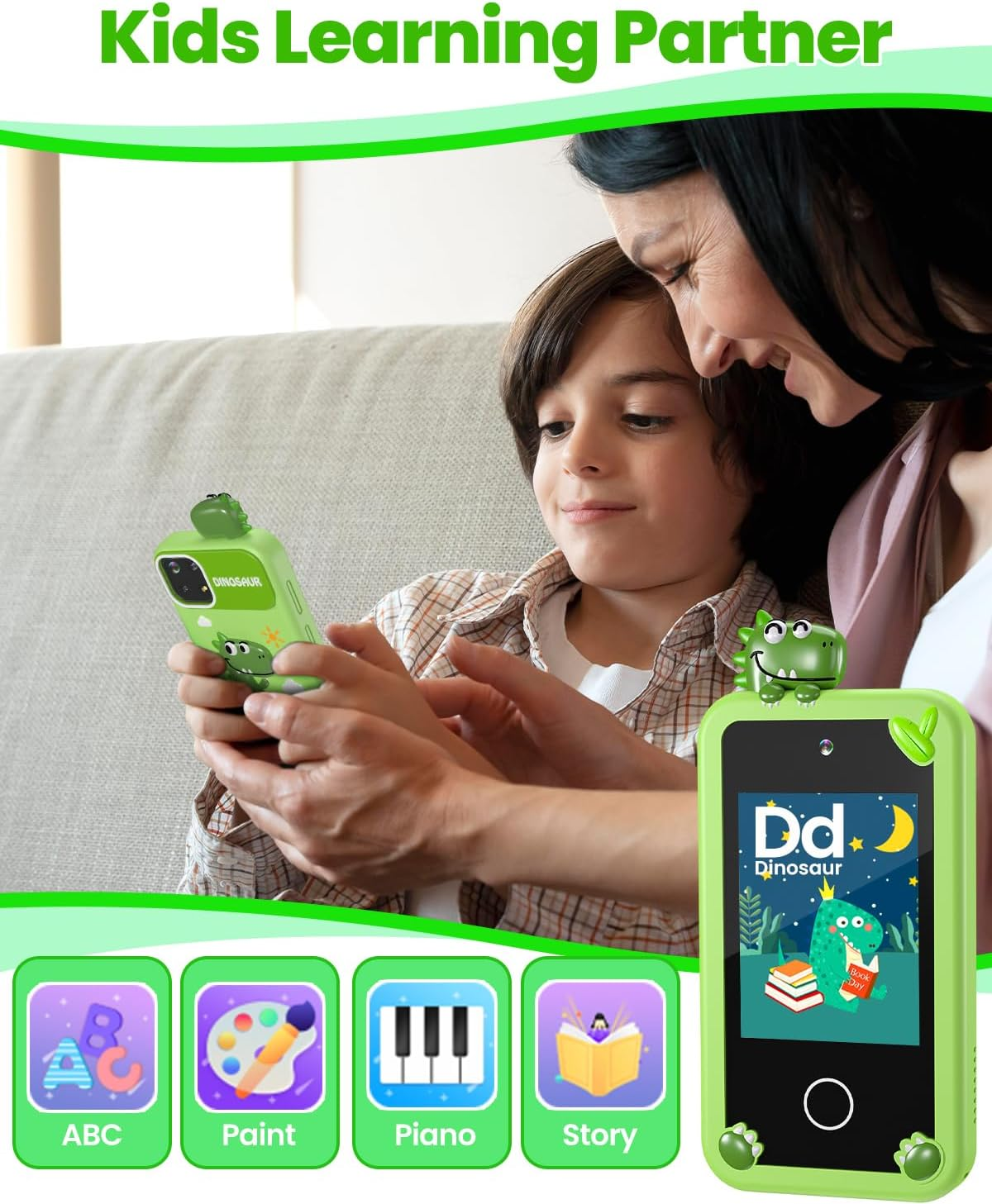 Kids Smart Phone for Boys with 32G Card & Holographic Pyramid, Christmas Birthday Gifts for Age 3-10 Kids Toys Cell Phone, 2.8"Touchscreen Toddler Learning Toy, Dual Lens, Music Player(Green Dinosaur) image number 2