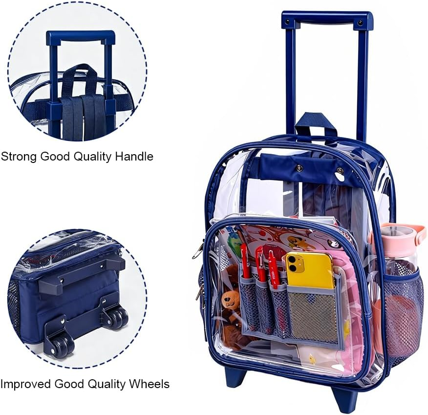 Rolling Clear Backpack, Heavy Duty Cold-Resistant Security Transparent PVC Backpack with Wheels (Black) - Pink image number 6