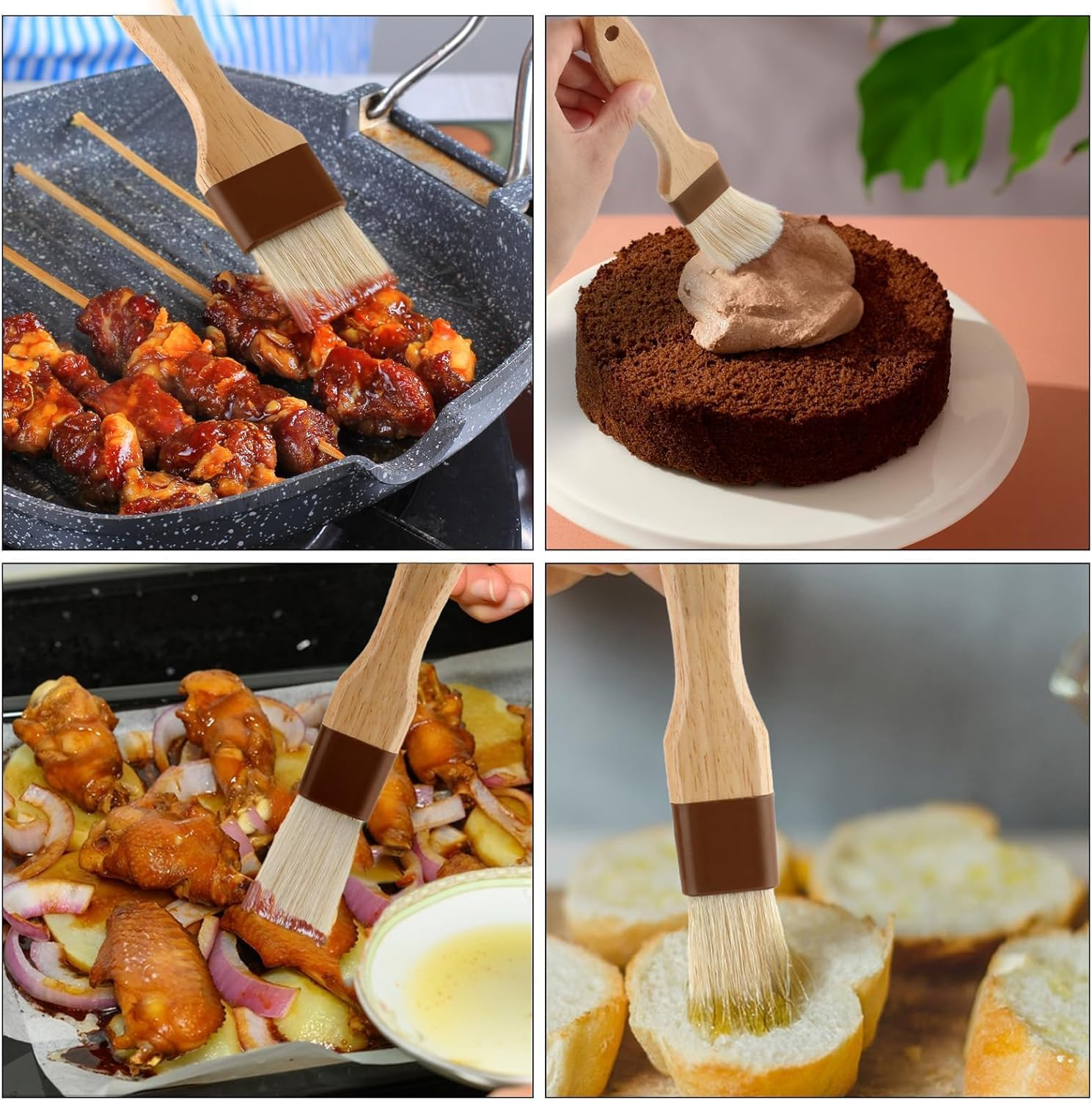 Wooden Pastry Basting Brushes Set, 3 Pieces Wood Durable Cooking Brush,Natural Bristle Basting Kitchen Oil Brushes,Wooden Handle Natural Bristle Bast BBQ Oil Brush image number 1