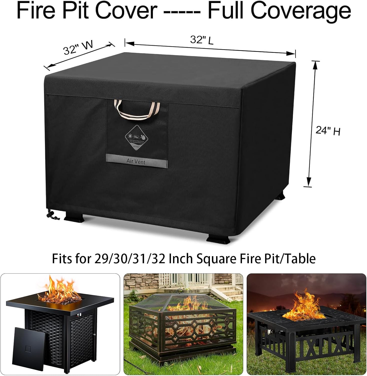 QH.HOME Fire Pit Cover Square Heavy Duty Fabric 100% Waterproof, Fits Outdoor for 29&rdquo;,30 Inch,31 Inch,32 Inch Fire Pit/Table Cover,Gas Fire Pit Cover (32&rdquo;L X 32&rdquo;W X 24&rdquo;H,Black) image number 1