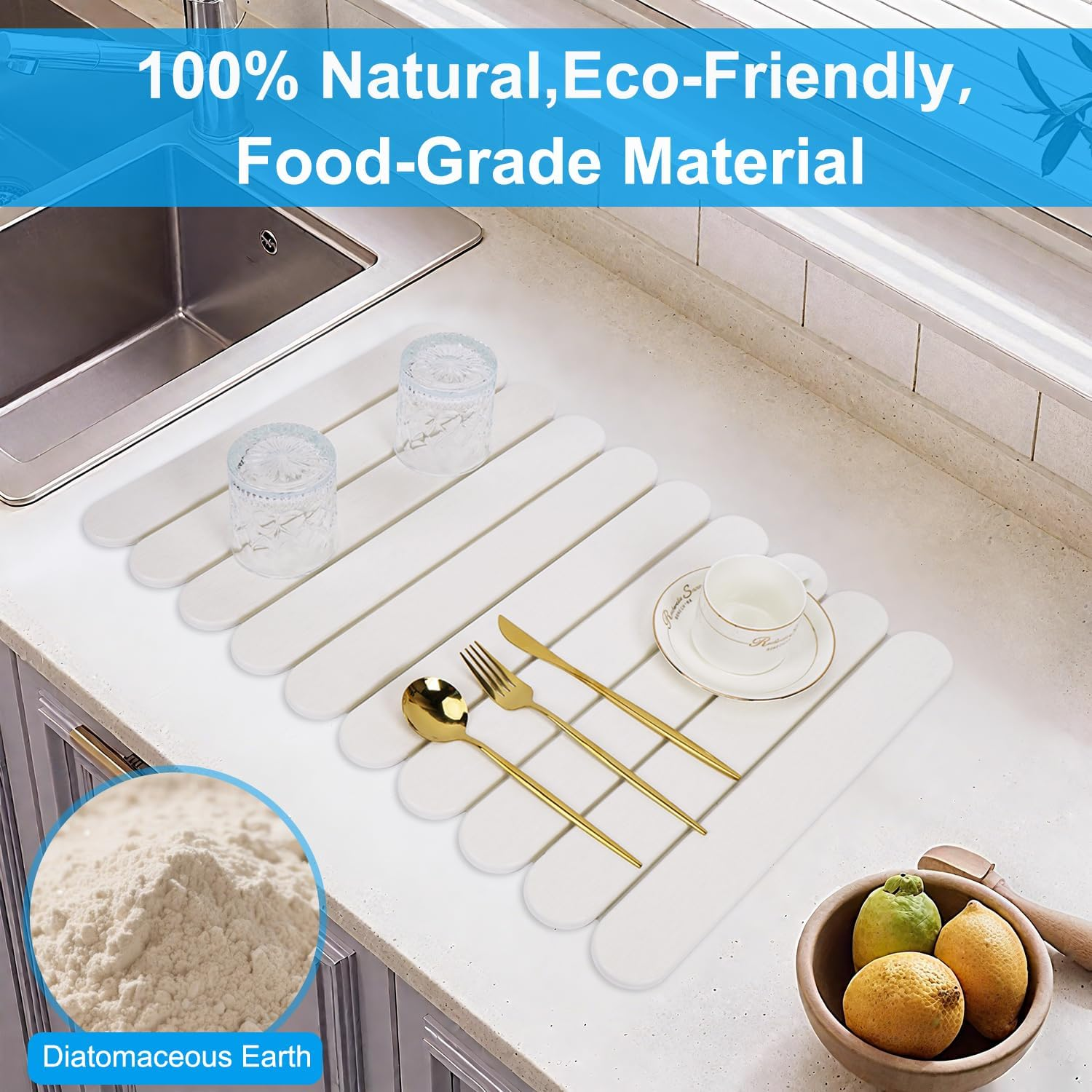 Foldable Stone Dish Drying Mat: Large 24"X16" Absorbent Diatomaceous Earth Mat for Kitchen Counter | Quick Drying & Heat-Resistant for Dishes Bottles Cups with 2 Coasters image number 2