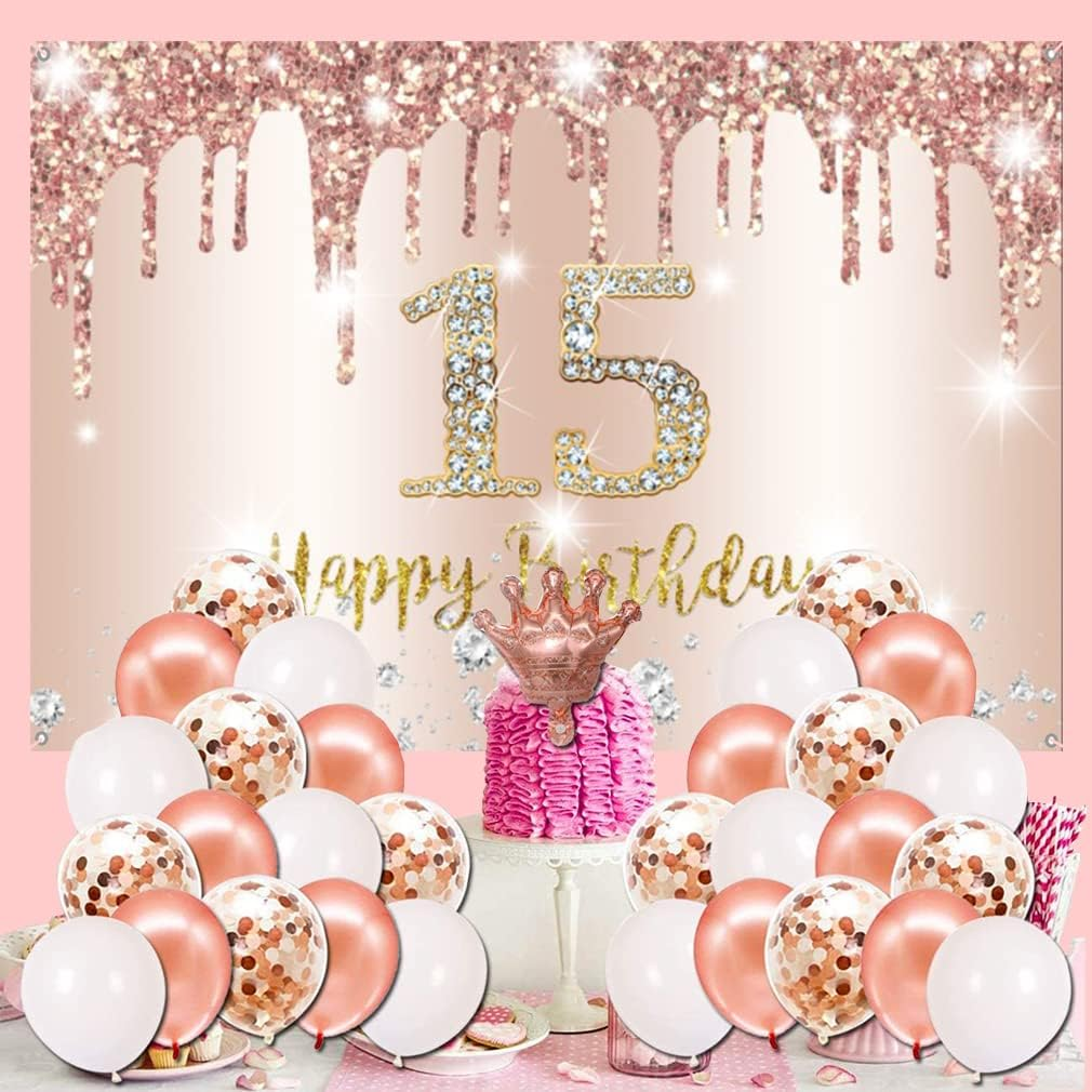 Happy 15Th Birthday Decorations Birthday Backdrop Banner for Girls Happy 15 Years Old Party Fabric Sign Poster Girl Birthday Rosegold Photography Background 15Th Birthday Party Supplies, 59"X35.4" image number 4