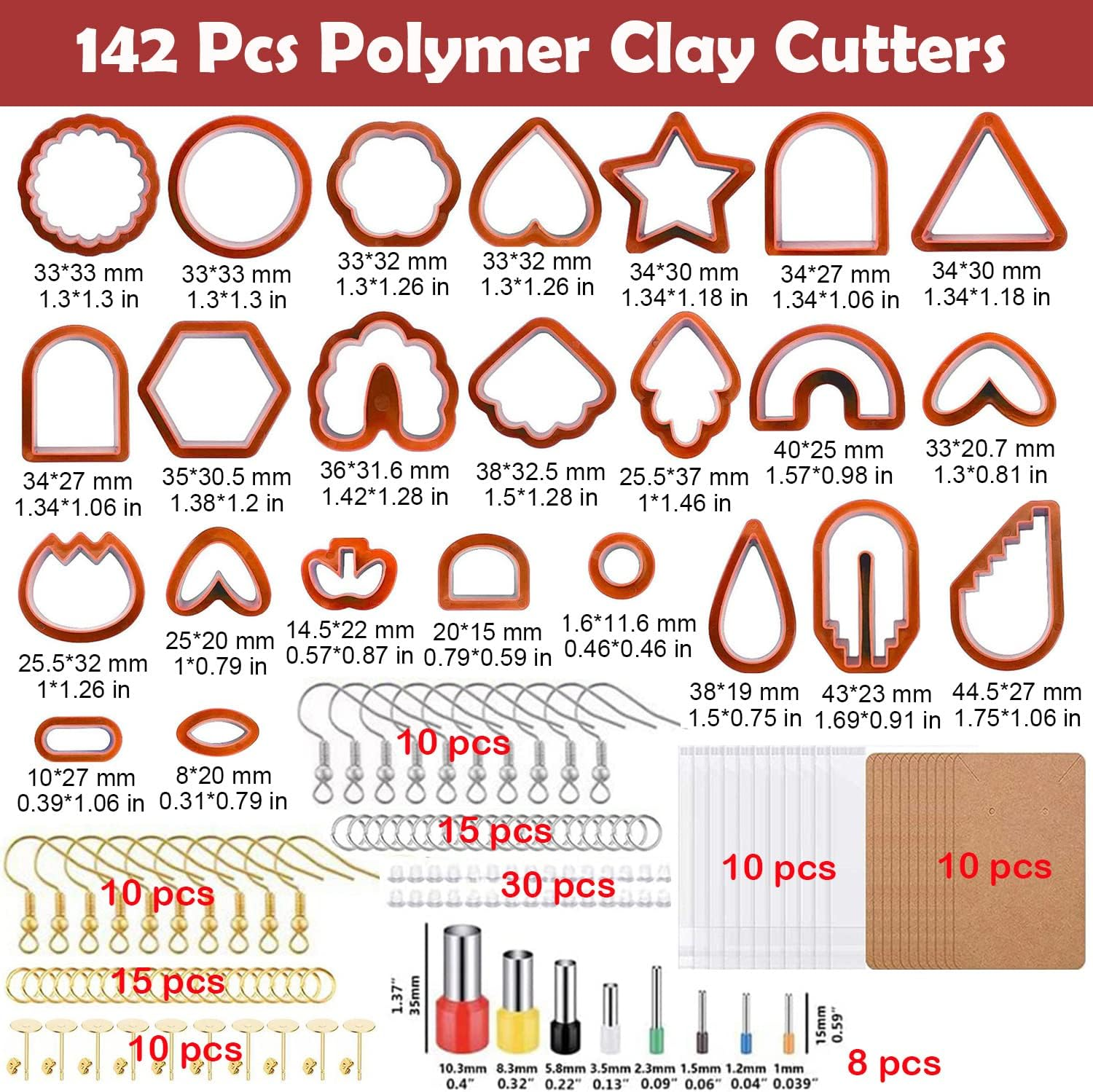 Taicols 142 Pcs Polymer Clay Cutters, Clay Cutters Set, Multi Shapes Clay Polymer Earring Cutters with Earring Studs and Hooks, DIY Polymer Clay Plastic Jewelry Earrings Making (Rust Red) - Rust Red image number 3