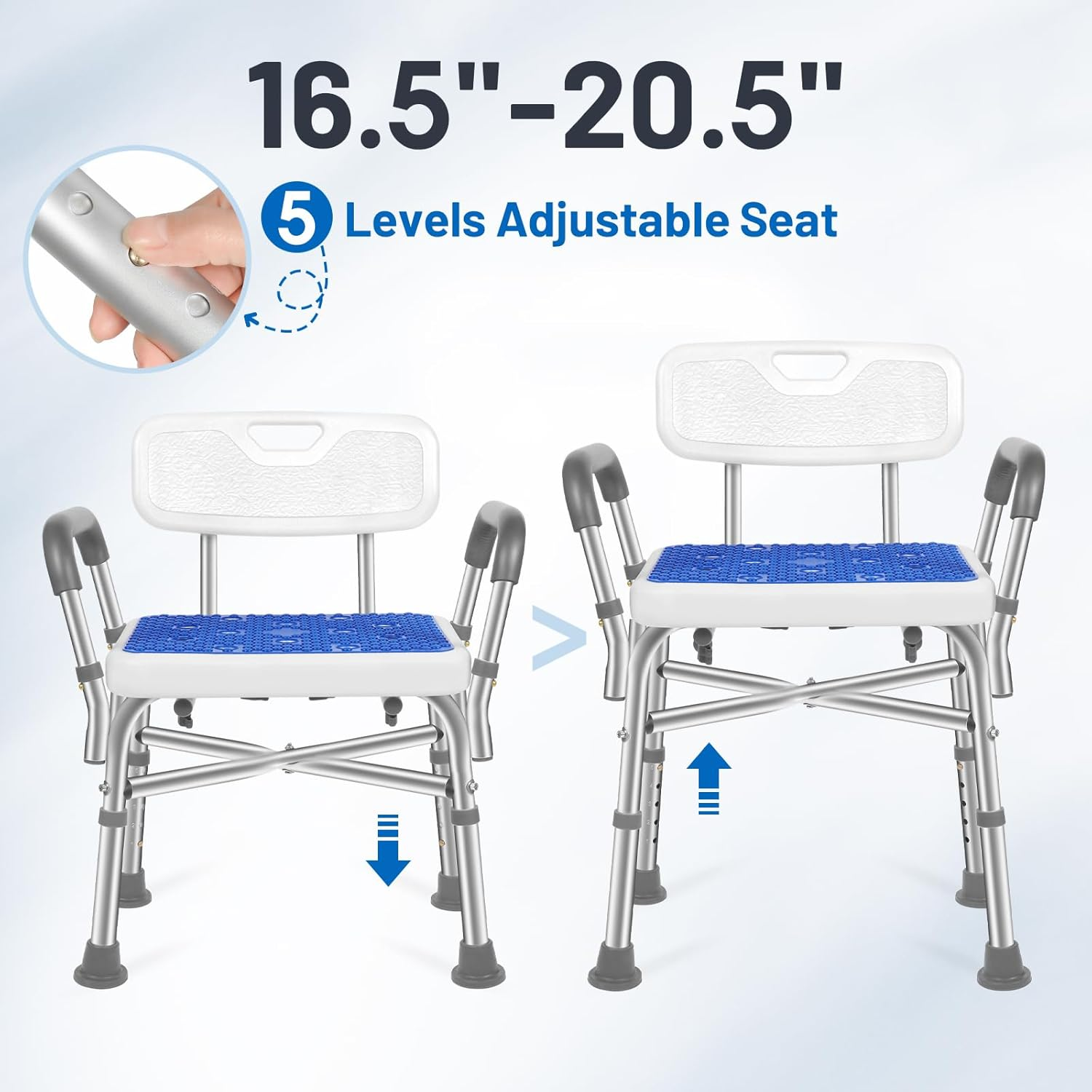 Tocebe Shower Chair for inside Shower, 550LB Capacity Shower Seat with Reinforced Cross Bar, Adjustable Height anti Slip Bath Chair with Backrest, Padded Armrests, Loofah Stick for Elderly & Disabled image number 3