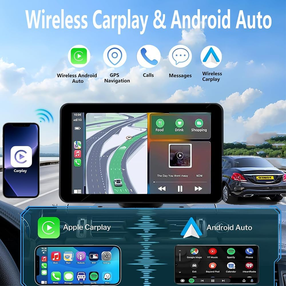 7" HD Portable Car Stereo Touch Screen with Apple Carplay, Wireless Android Auto, Bluetooth, GPS Navigation, Voice Control, Backup Camera, and Mirror Link - Car Audio Receiverfor All Vehicles image number 2