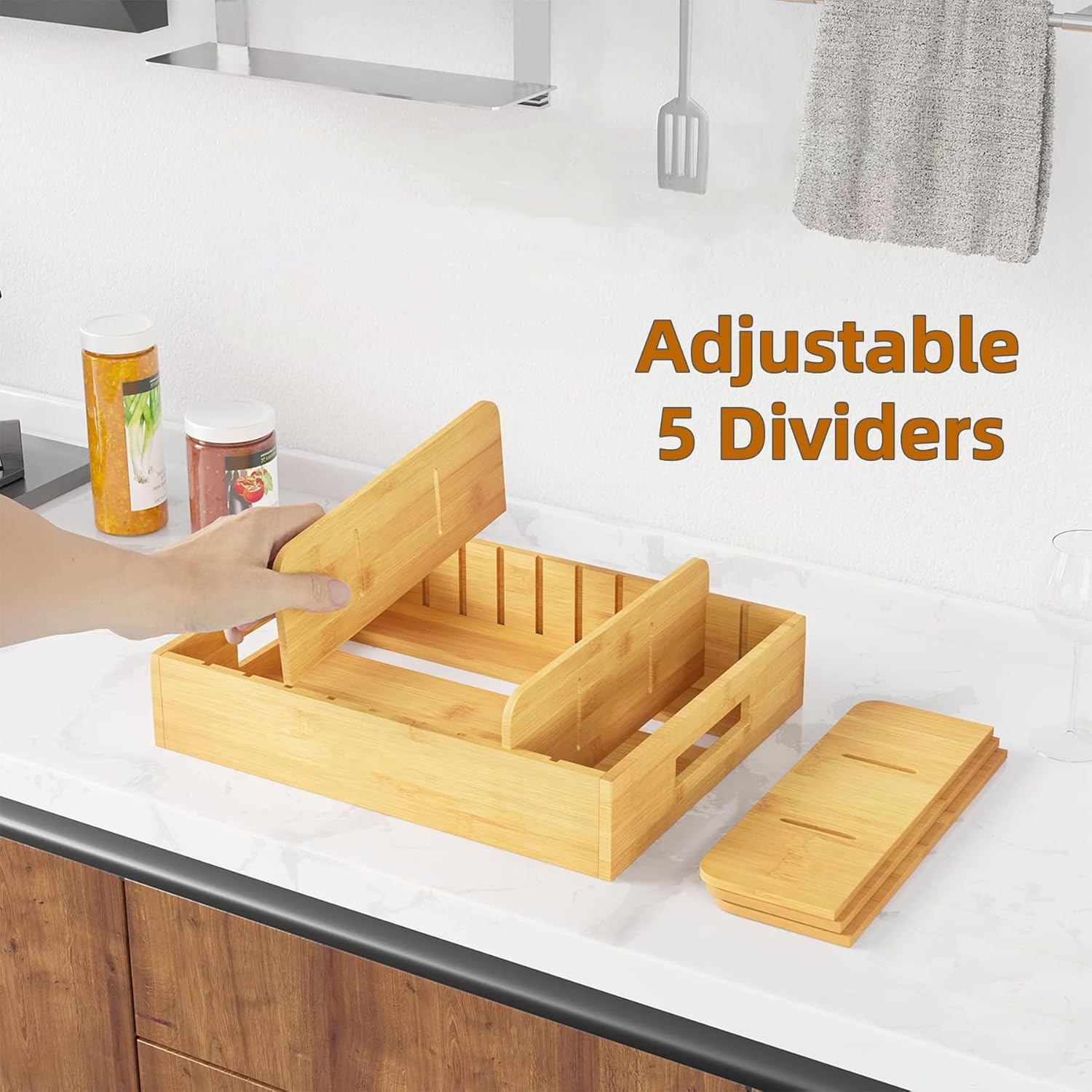 FORYUSE Bamboo Food Storage Container Lids Organiser with 5 Adjustable Dividers Kitchen Cabinet Plastic Lid Holder image number 5