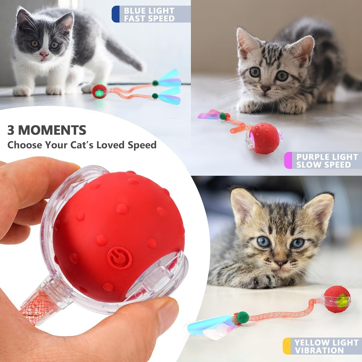 Interactive Cat Toys for Indoor Cats, Generation Agile Moving Cat Ball with Elastic Mesh Tail, Automatic Kitten Toys for Bored Indoor Cats, Chirping & Motion Activate Cat Toys image number 3