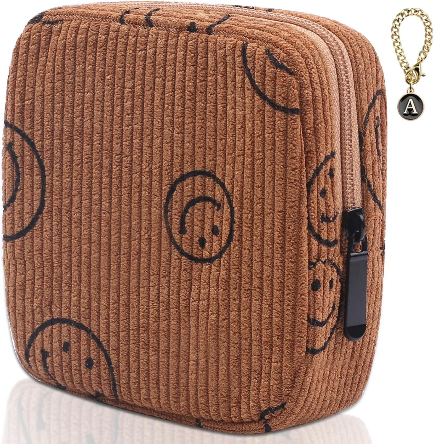 Teircno Sanitary Napkin Storage Bag,Preppy Corduroy Period Bag for Women, Cute Smiley Face,Portable Period Pouch with Zipper, Sanitary Pads Bag Tampons Holder for Purse, First Period