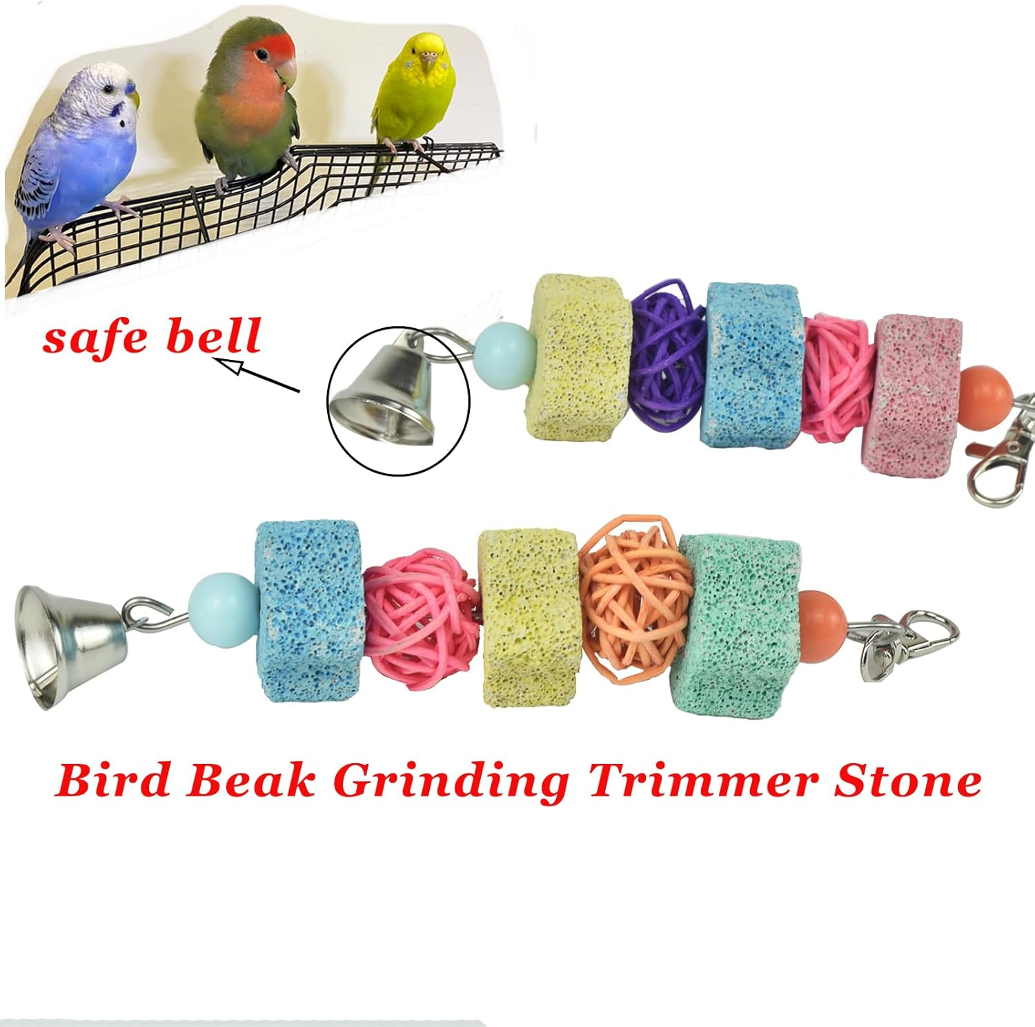 2 Pack Parakeets Parrot Chewing Toy, Bird Beak Grinding Stone Lava Calcium Blocks, Hanging Bird Cage Nail Trimmer with Bell Rattan Balls for Small Parrots Cockatiel Budgies Lovebirds Rats Chinchilla image number 2