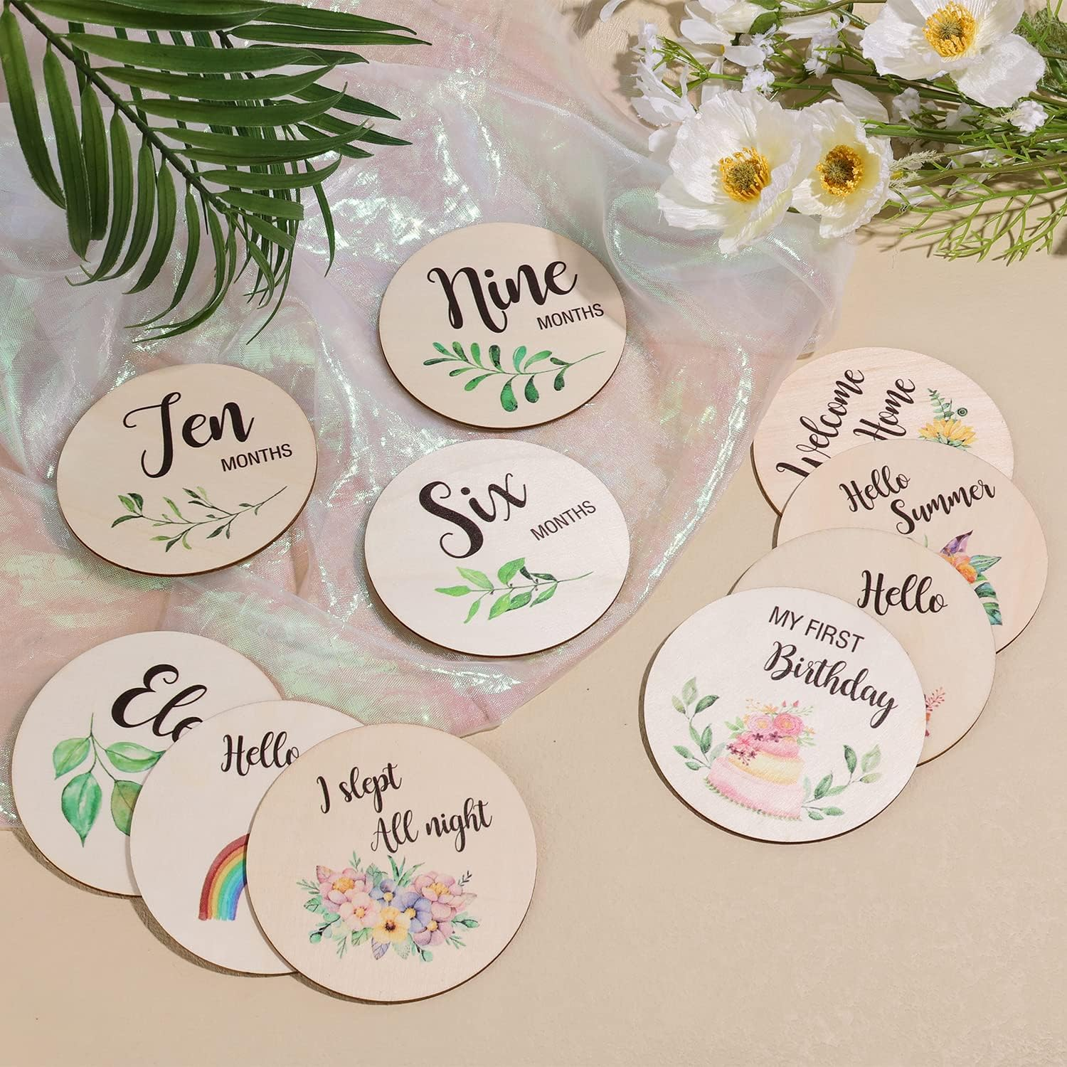 10Pcs Baby Monthly Milestone Cards Sign, round Double Sided Wooden Newborn Sign Baby Announcement Sign for Photo Prop Baby Festivals Gift Nursery image number 3