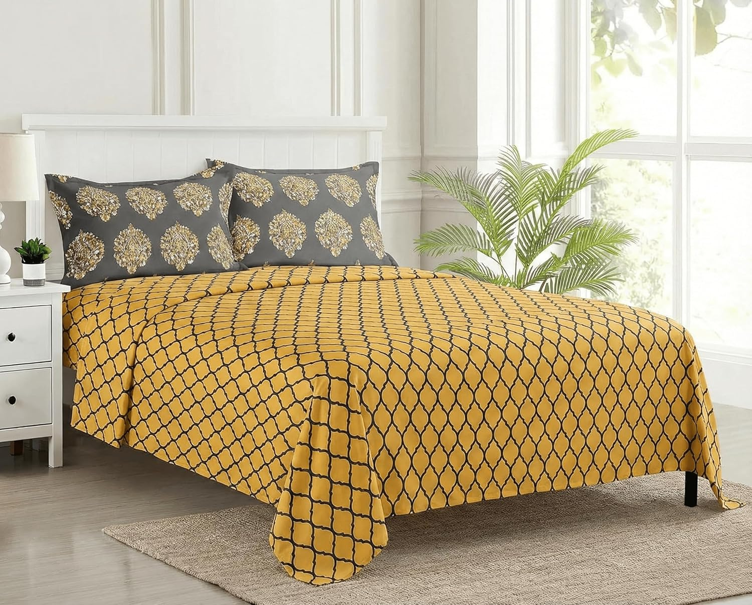 Trance Home Linen 200TC 100% Cotton Queen Size Printed Bedsheet | Bedding Set of Queen Size Flat Bed Cover with 2 Pillow Covers (86X104 Inch | 7.1Ft X 8.6Ft - Dori & Damask Warm Grey Mustard) image number 4