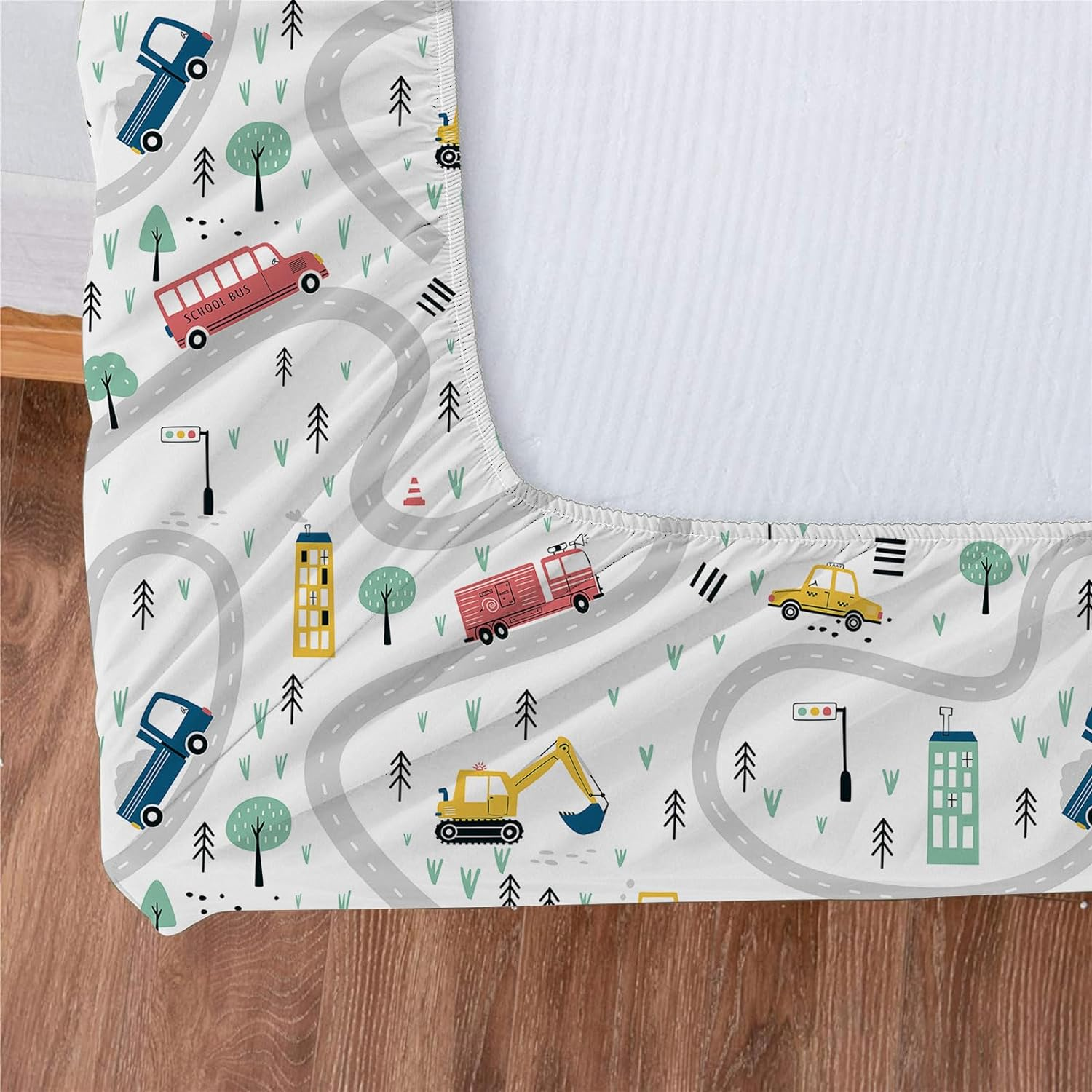 Yasida Twin Kids Fitted Sheets Road Traffic Themed Sheet and Pillowcases Set Cute Cartoon Truck Bed Boys Twin Sheet Set 2 Piece Bedding Decor Set image number 2