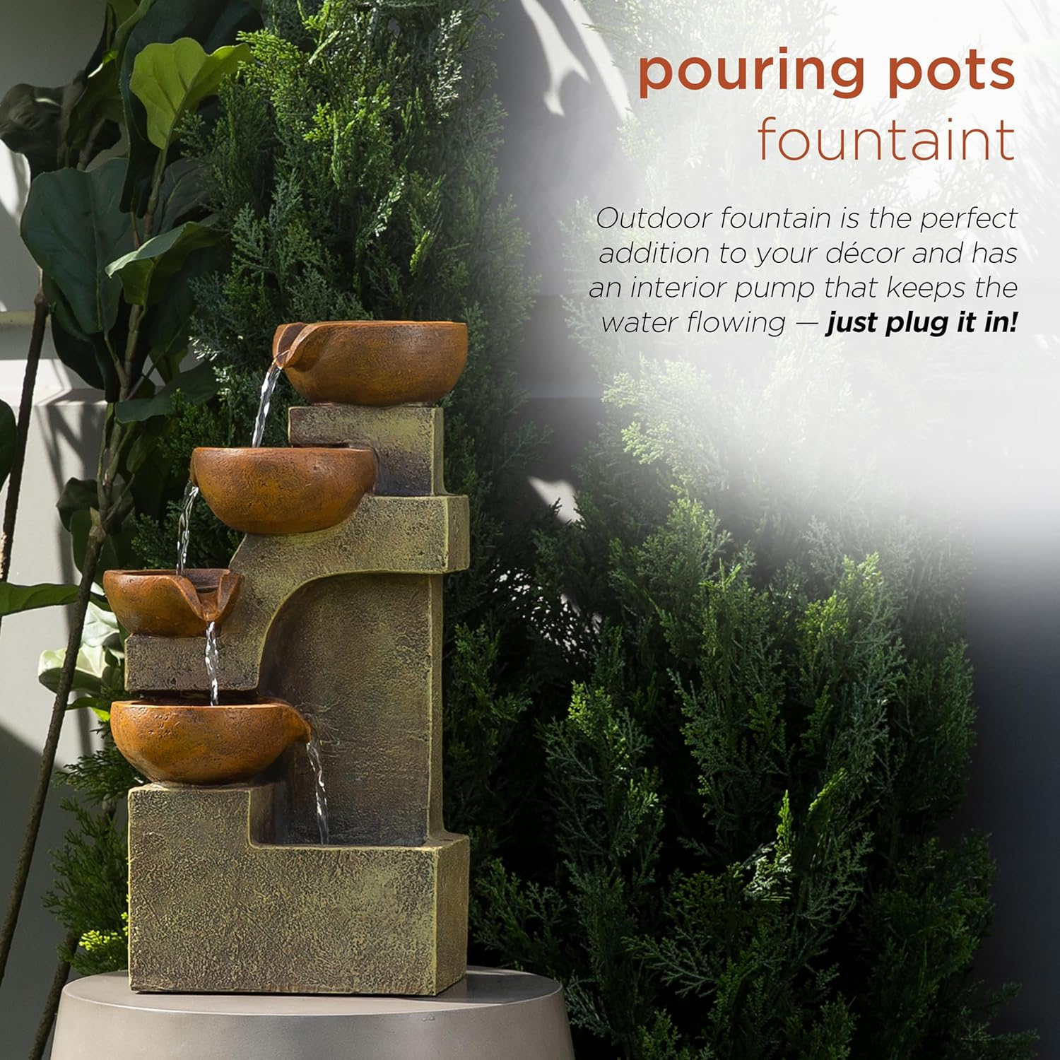 Alpine Corporation WCT726 Indoor/Outdoor Tabletop Tiered Pouring Pots Waterfall Fountain with Natural Stone Look, 16", Brown image number 3