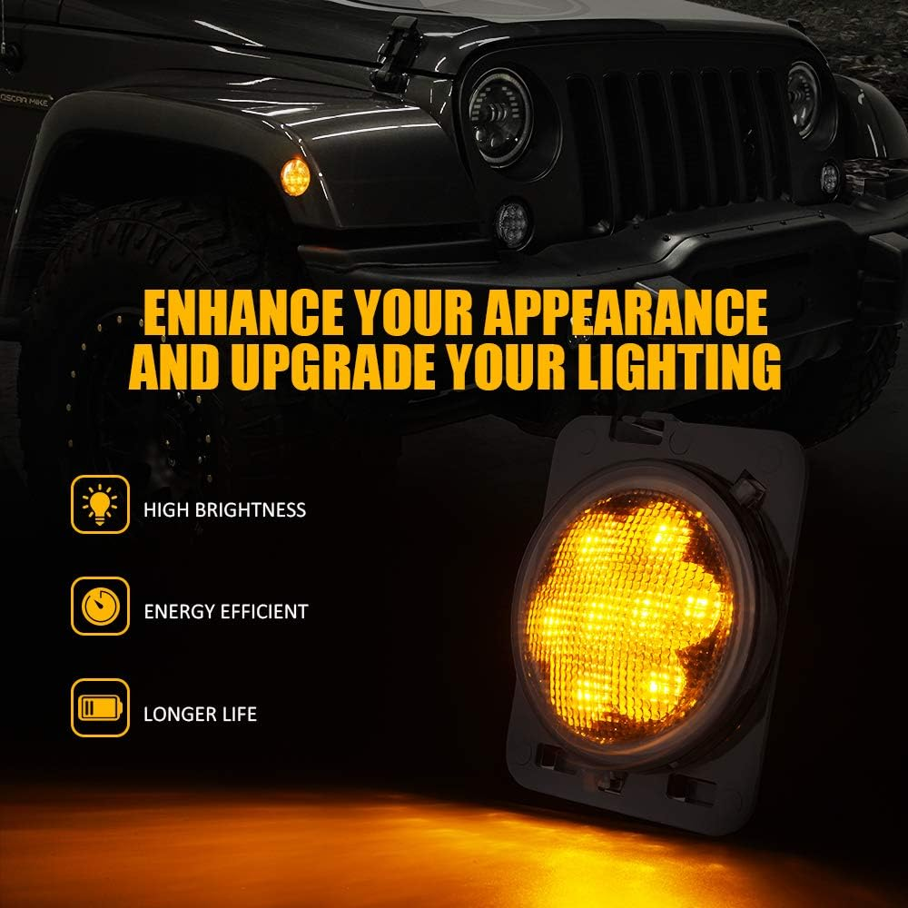 Xprite LED Smoke Lens Turn Signal Lights with Parking Function & Front Fender Side Marker Amber Light Assembly Combo for 2007-2018 Jeep Wrangler JK & Wrangler Unlimited image number 5