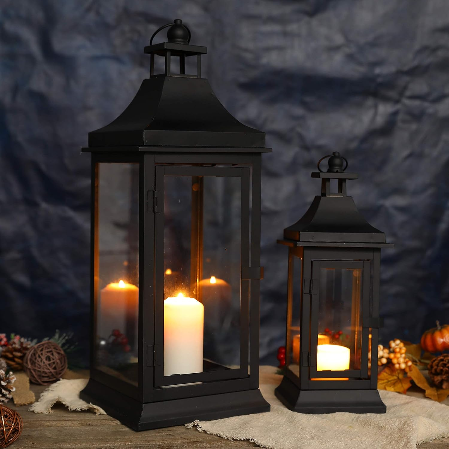 JHY DESIGN Set of 2 33&50Cm Tall Outdoor Candle Lanterns Vintage Hanging Tower Lantern Metal Candle Holder for Garden Living Room Indoor Outdoor Parties Weddings Balcony(Black) image number 5