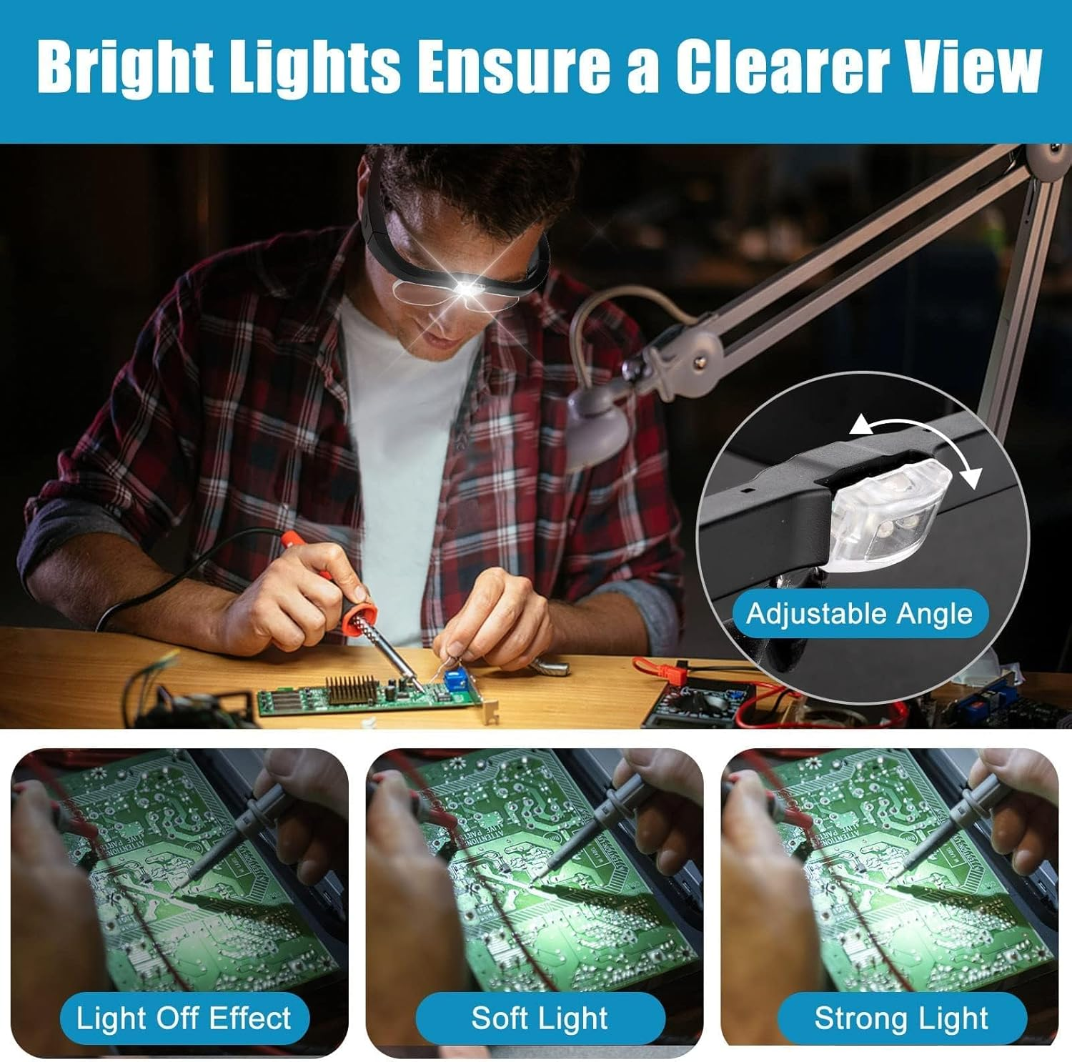 Headband Magnifier Glasses with Light, Handsfree LED Illuminated Head Mount Magnifying Glass with 4 Detachable 5H Hardness Lenses for Watch Electronic Repair Reading Sewing Jewelry Craft, 1.5X to 5X image number 2