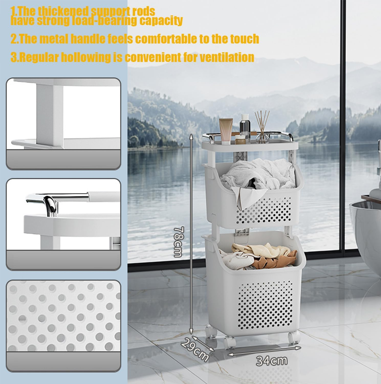 Rolling Laundry Hamper Cart with Wheels, Clothes - Holding Baskets Paired with a Clothes Hamper Featuring Convenient Portable Storage Baskets (2-Tier) image number 3