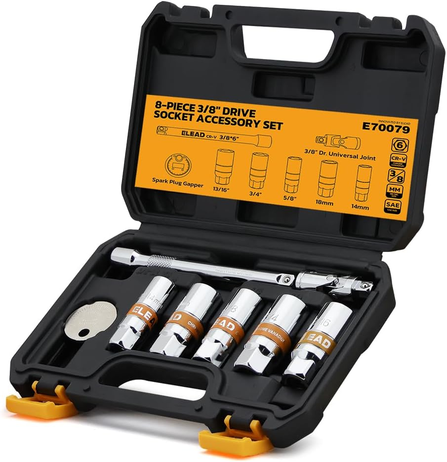 8-Piece 3/8" Drive Spark Plug Socket Set with Universal Joint, Spark Plug Gapper and 6" Extension Bar, SAE & Metric, 5/8", 3/4", 13/16", 14Mm, 18Mm, CR-V Sockets with Rubber Holding Rings image number 6