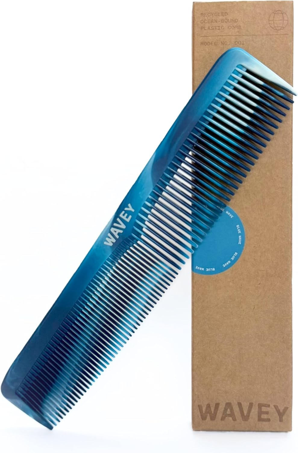 WAVEY Quality Hair Comb for Men and Women, Recycled Ocean Plastic, 7 Inches Length Perfect for Home and Travel, Wide and Fine Tooth for Thick, Thin, Wavy, Straight and Curly Hair Styling - BLUE