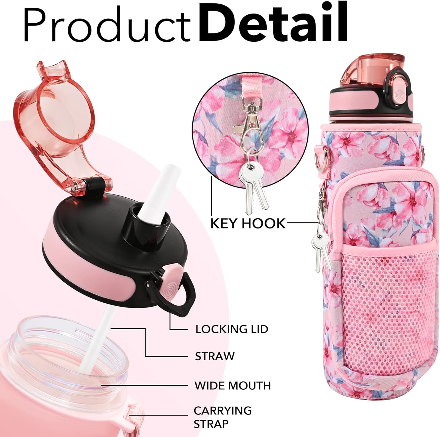 32 Oz Water Bottles with Straw & Strap, Motivational Water Bottles with Times to Drink, BPA Free Reusable Sports Water Bottle with Sleeve Carrier for Gym, Workout or Fitness (Pink Peach) image number 6