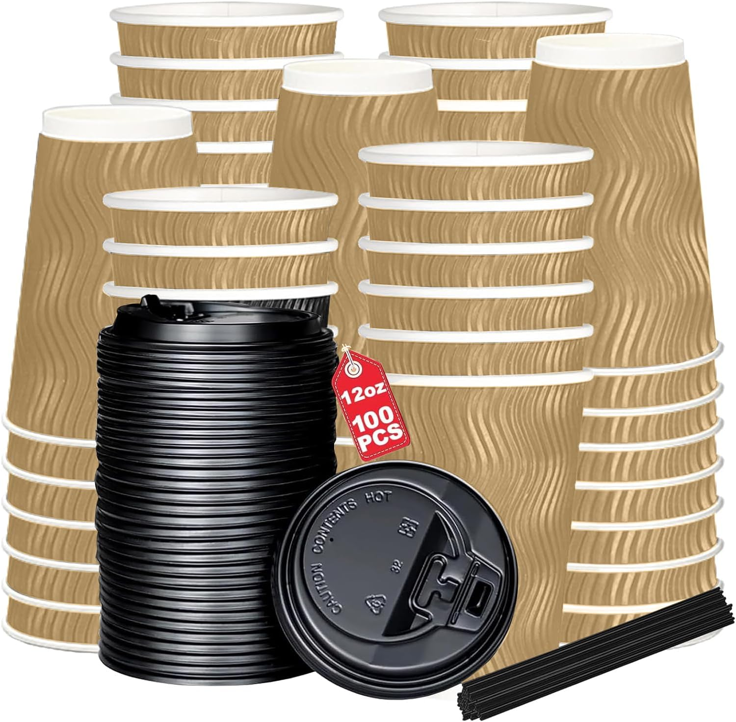 TNGAMFGT 12Oz Ripple Wall Paper Cups,100 Pcs Disposable Paper Coffee Cups with Lids,Hot Drinks, Cold Drinks, Juice Tea，Ideal for Home, Parties, Weddings（12Oz，100 Pack，Black）
