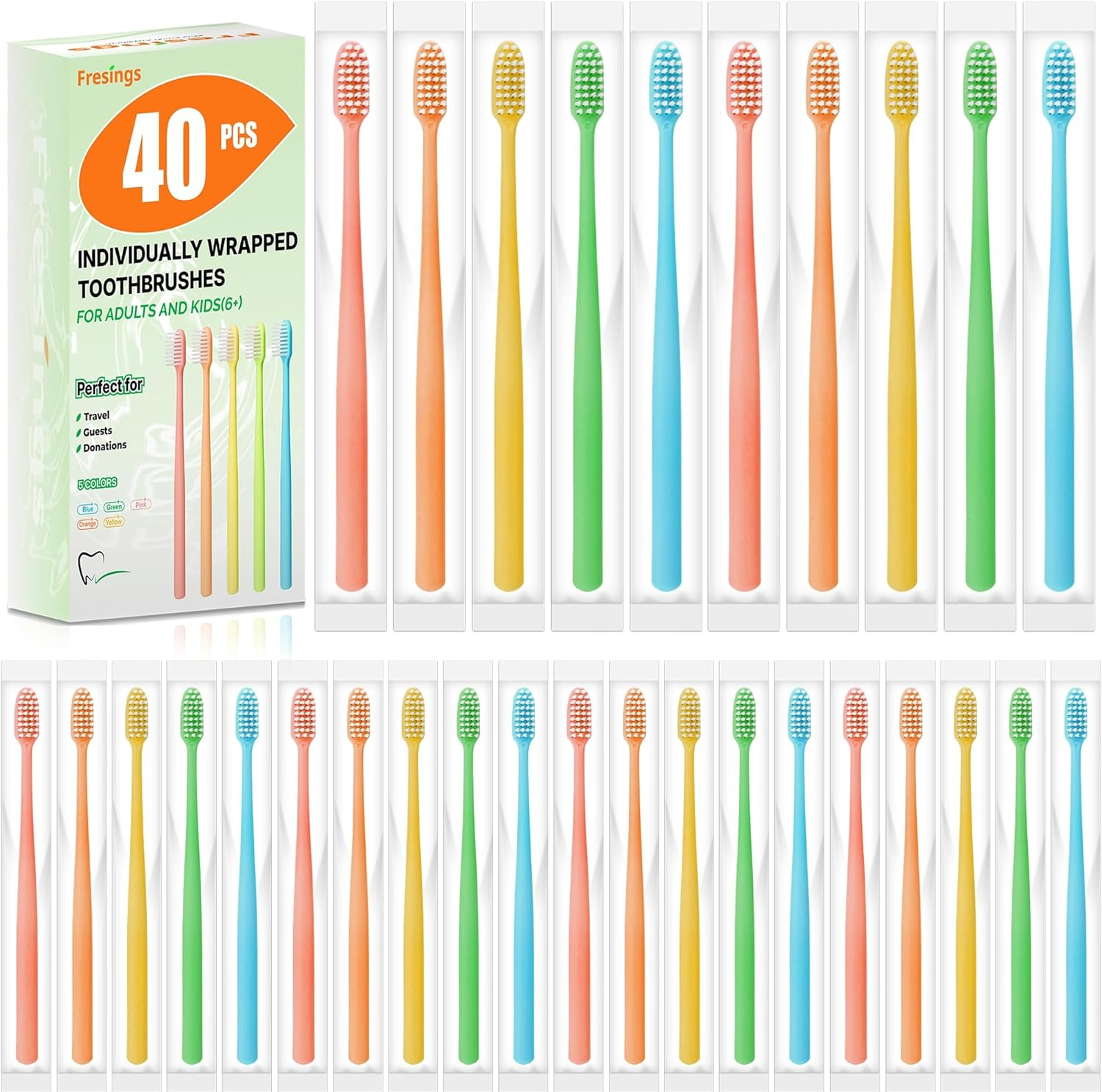Fresings 40 Pack Disposable Toothbrushes Bulk &ndash; Individually Wrapped Soft Bristles Single Use for Adults & Kids, Travel Hotel Guest Dental Office Donation Emergency Hygiene,Minimalist Design 5 Colors image number 2