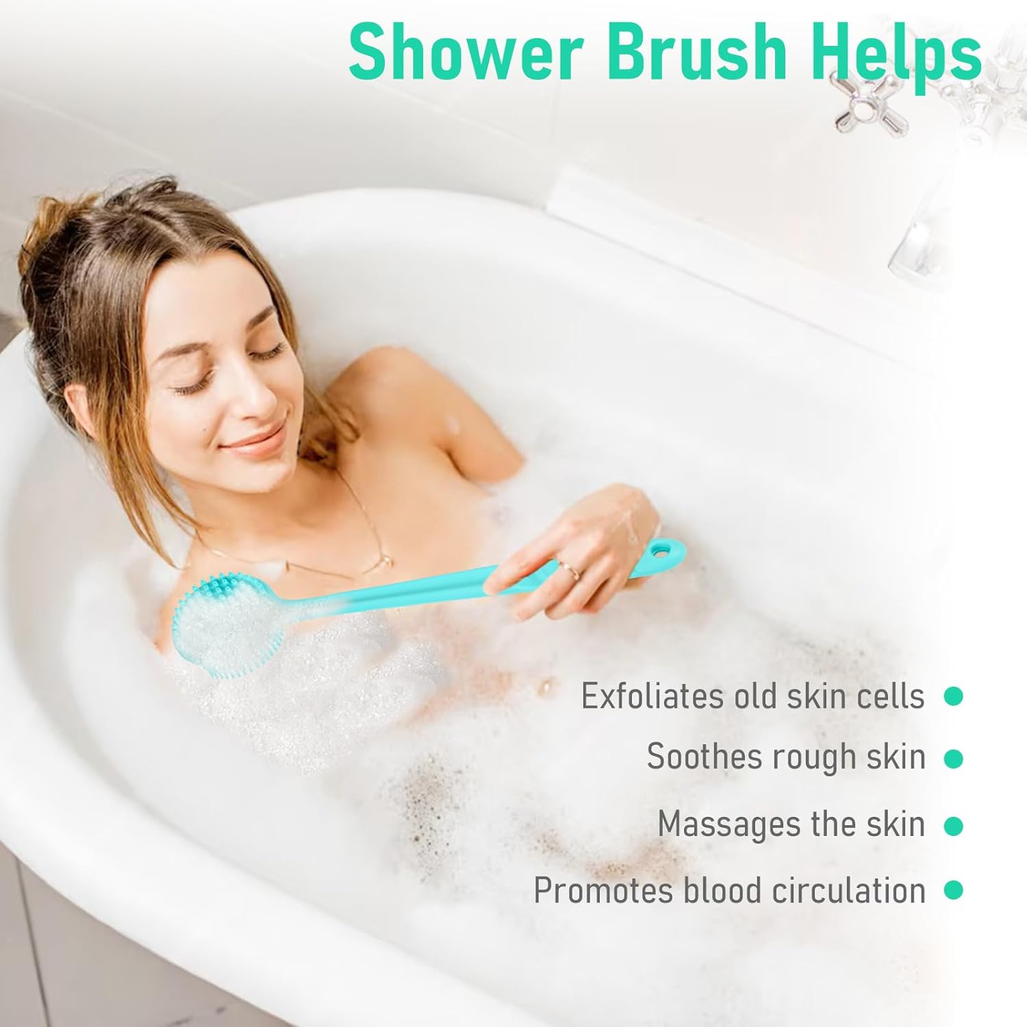 Silicone Back Scrubber for Shower Bath Body Brush with Long Handle Double Sided Exfoliating Shower Brush with a Hook and a Lanyard - Black image number 3