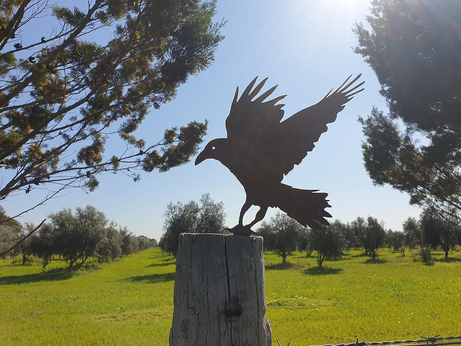 Crow Post Topper- Australian Made Rusted Metal Garden Art image number 1