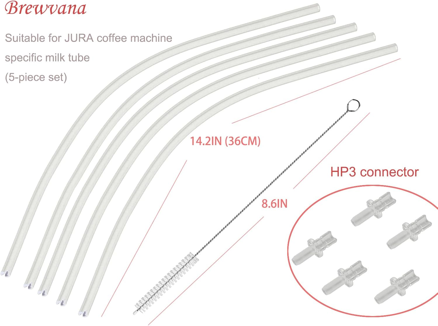 Milk Tube Hose Set for Jura ENA E8,GIGA 6 10 W10,IMPRESSA J6 J8 J8Twin Z5 Z6 Z7 Z8 Z9 Z10, S8 S80 WE8 Fully Automatic Coffee Machines(5 Milk Hoses 14.2In, 5 HP3 Milk Hose Connectors, Cleaning Brush) image number 3