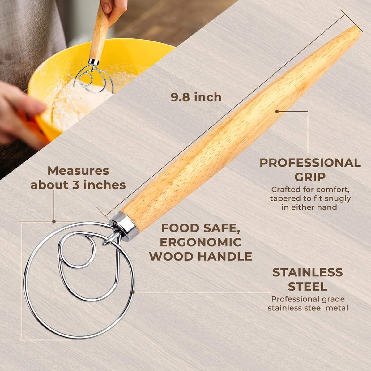 Danish Dough Whisk Bread Mixer,Premium Stainless Steel Dutch Whisk with a Dough Scraper for Bread, Pastry or Pizza Dough - Perfect Baking image number 3