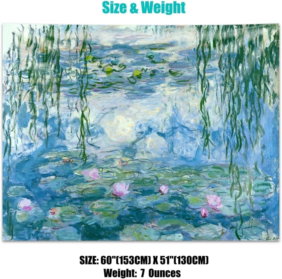 Water Lilies Tapestry Wall Hanging Monet Flowers Floral Wall Art with Hemmed Edges, Wall Blanket Home Decor for Bedroom College Dorm, Blue, 60X51 Inches(Water Lily) image number 1