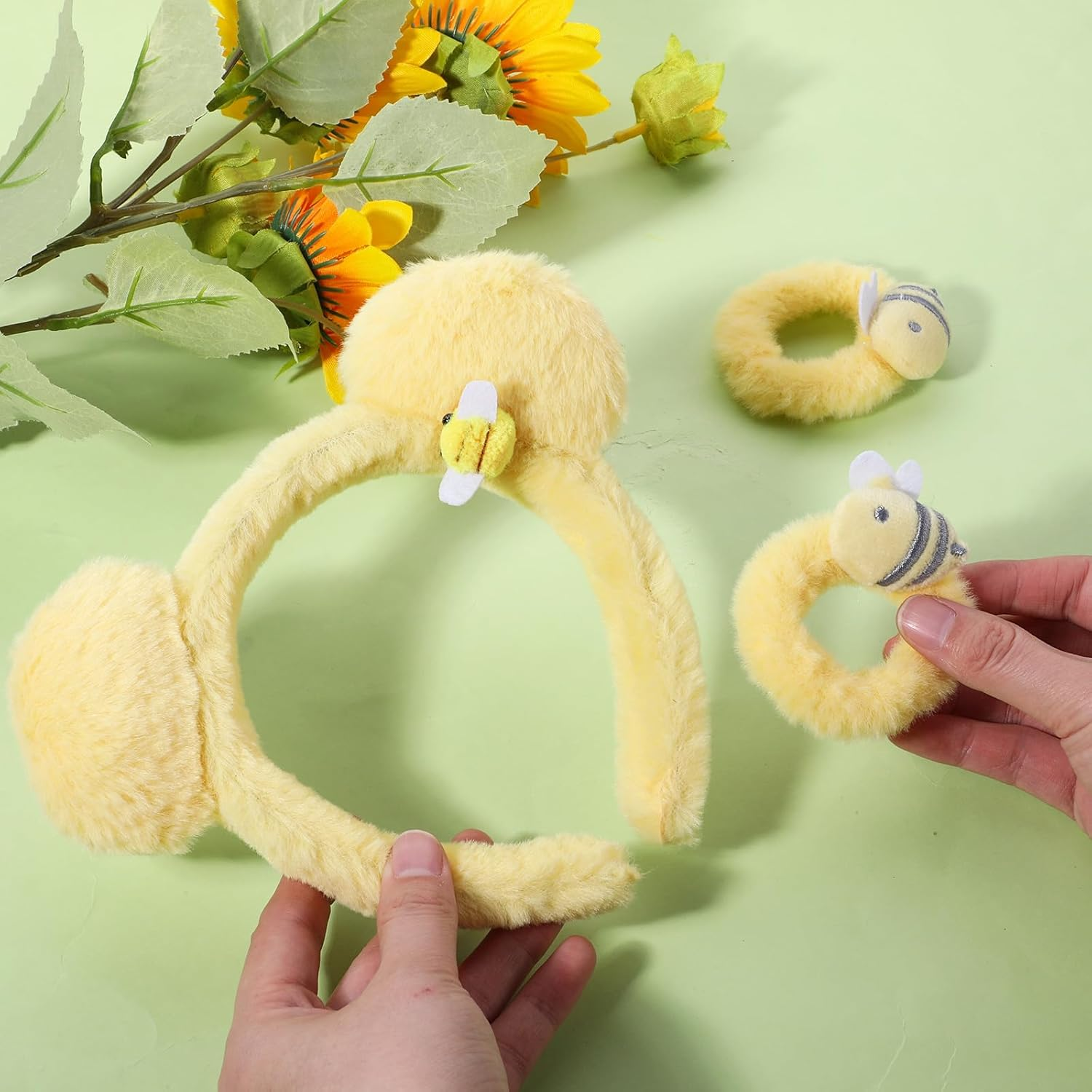 Ptwola 3 Pcs Yellow Plush Bear Ears Headband Hairband Animal Ears Headwear Hair Ties Cute Halloween Festival Cosplay Party Costume Accessories Set Ponytail Holders for Makeup Face Washing image number 3
