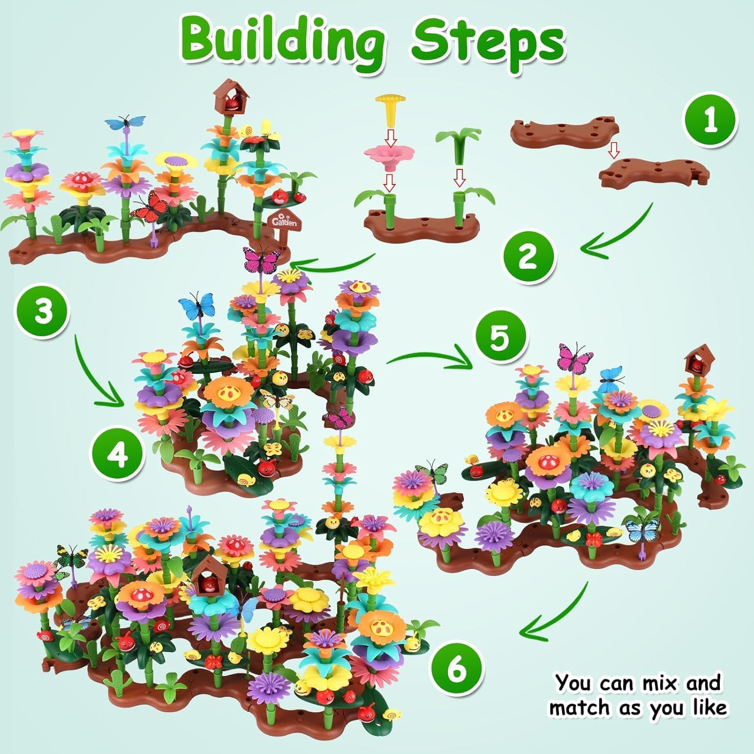 Flower Garden Building Toys for Girls Age 3 4 5 6 7 Year Old, STEM Gardening Pretend Toys for Kids, DIY Building Blocks Stacking Game for Toddlers Play Set, Educational Activity for Preschool (274Pcs) image number 2