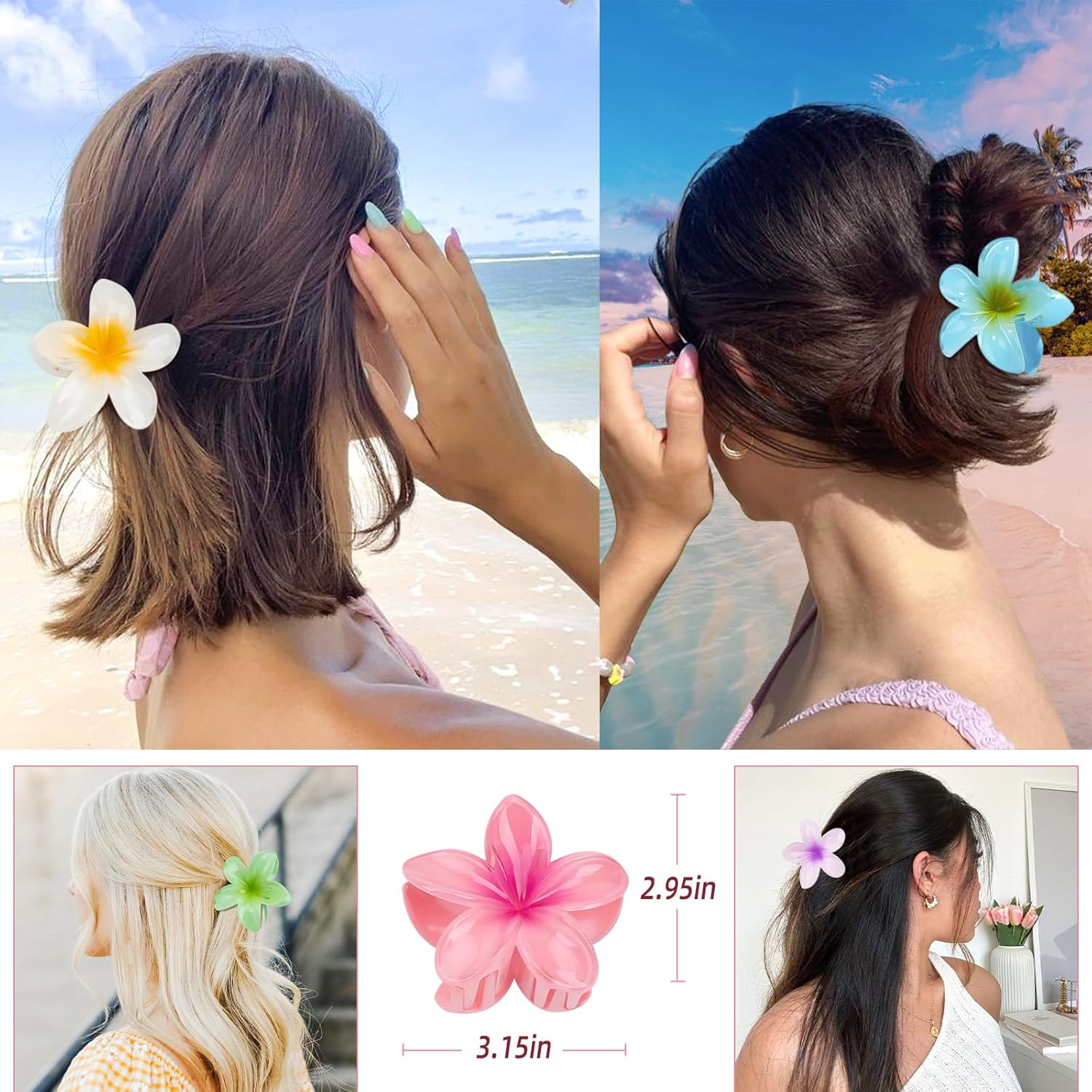 Kivzex Hawaiian Flower Hair Claw Clip for Women 6 PCS Plumeria Flower Hair Clips for Thick Thin Hair Hawaii Hair Accessories - Glossy 1 - Brilliant Gelly image number 5