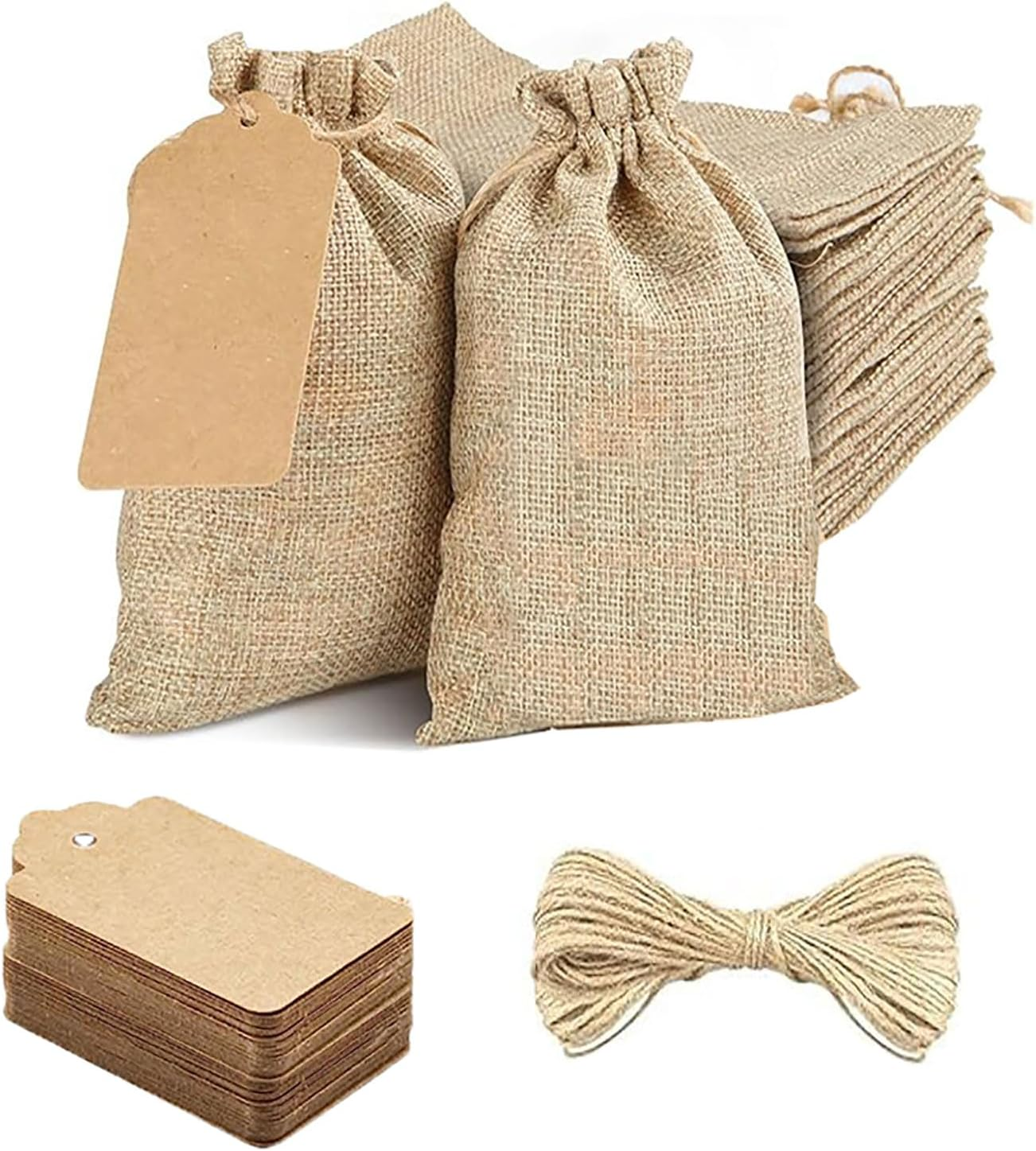 Yqkangzhu 50PCS Burlap Gift Bags with Drawstring, 5"X7"Reusable Hessian Linen Sacks Bag, Favor Sacks with Gift Tags & String, Jewelry Pouches for Birthday Party Present Wedding Art DIY Craft Christmas image number 4