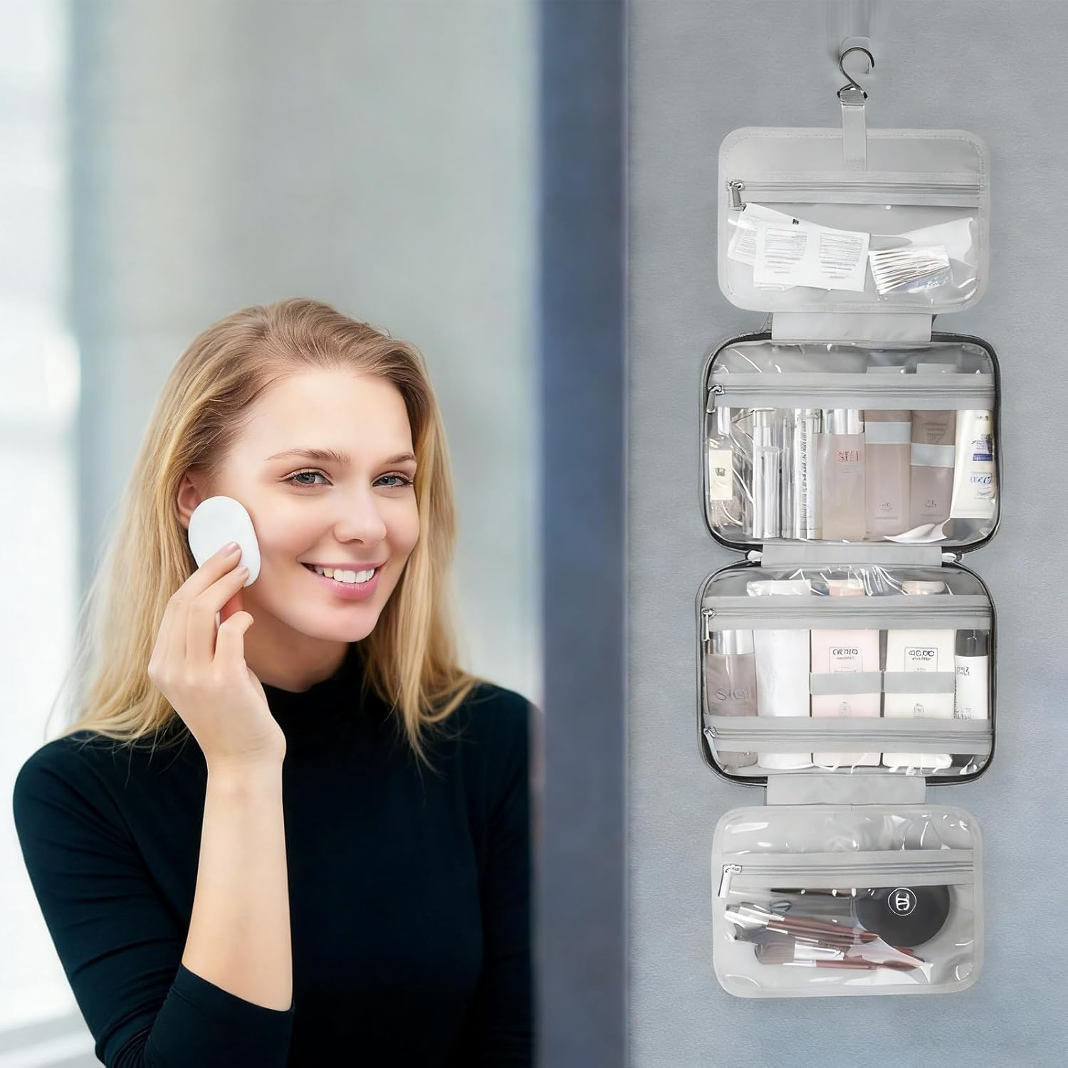 Large Hanging Travel Toiletry Bag with Multiple Compartments, Detachable Cosmetic Pouches, Waterproof Travel Organiser for Men & Women, Portable Travel Accessories image number 4