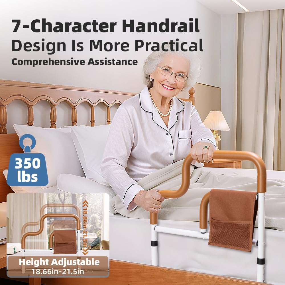 Elderly Bed Armrest with Storage Bag, Dual Armrests, Adjustable Height for Easy Access to and from Beds, Suitable for Various Types of Beds, Capable of Supporting a Weight of 350 Pounds - Orange image number 1