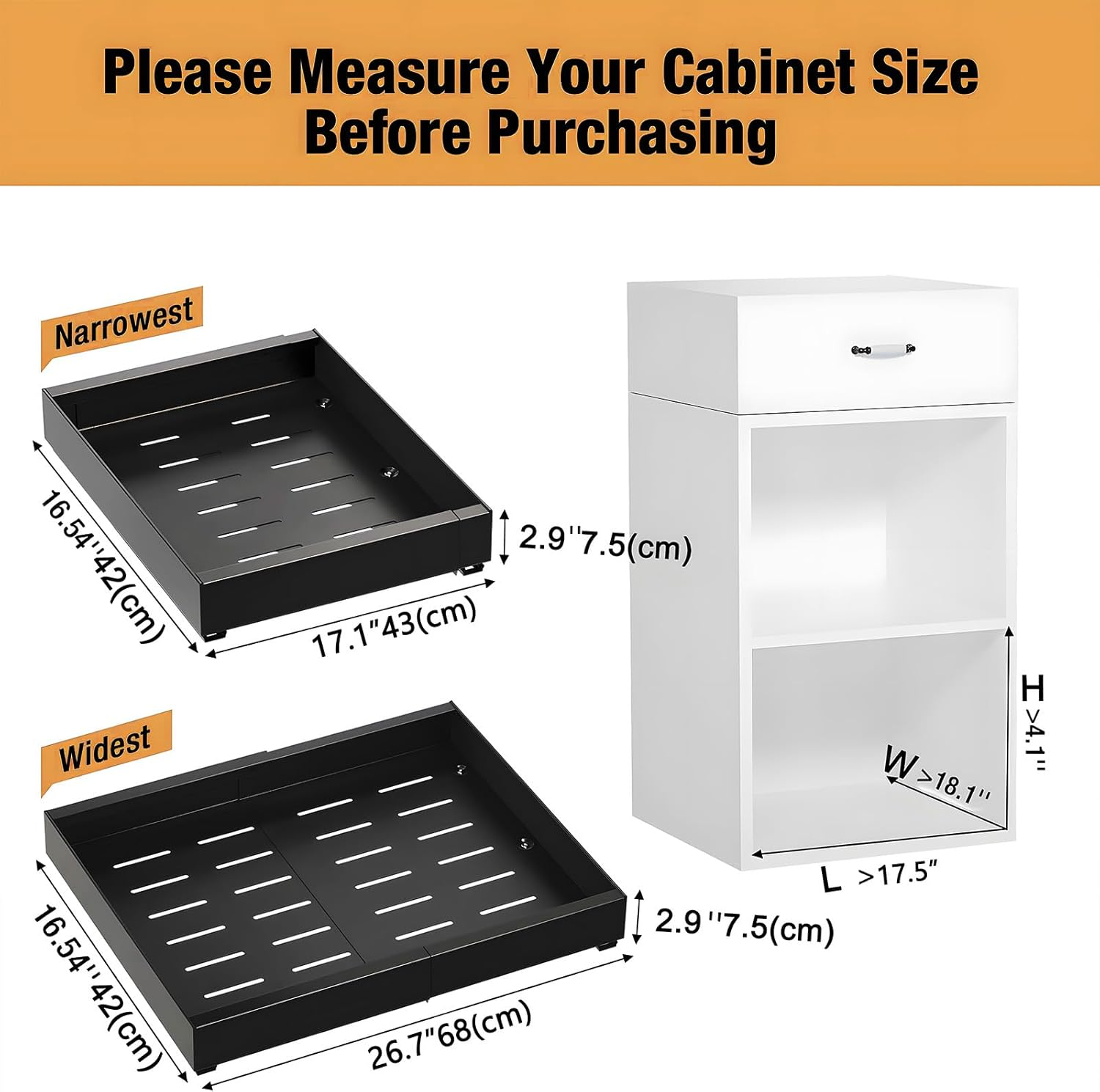 Pull Out Cabinet Organizer, Expandable Heavy Duty Slide Out Drawers Fixed with Adhesive Nano Film, Roll Out Shelf Storage for Kitchen Base Cabinet Organization,Pantry,Bathroom, Black 1Pcs(17.1"-26.7") image number 2