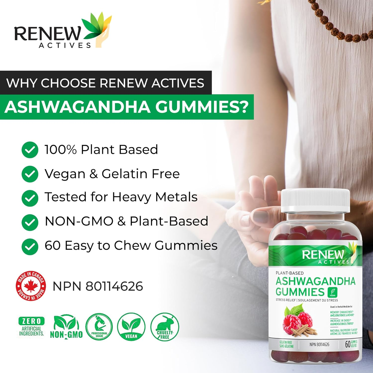 RENEW ACTIVES Ashwagandha 100MG per 4 Gummies &ndash; Memory, Focus & Energy Boost &ndash; Traditionally Used as a Rejuvenative Tonic &ndash; Vegan, Herbal Adaptogen &ndash; Made in Canada &ndash; 60 Gummies image number 5