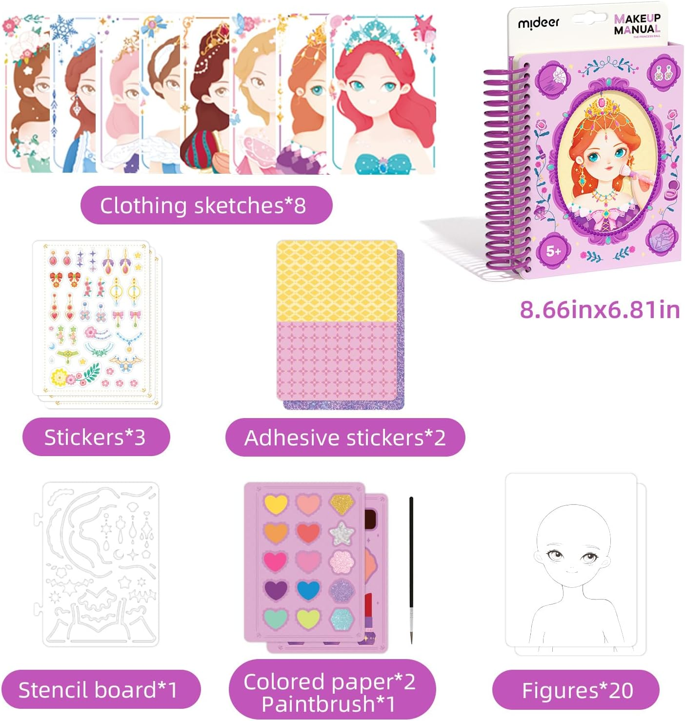 Mideer Fashion Design Sketchbook with Watercolor Painting, Princess Dress-Up Activity Book with Stencils and Stickers, Make-Up Fashion Designer Kits for Kids 5 6 7 (Makeup Manual Princess Ball) image number 2