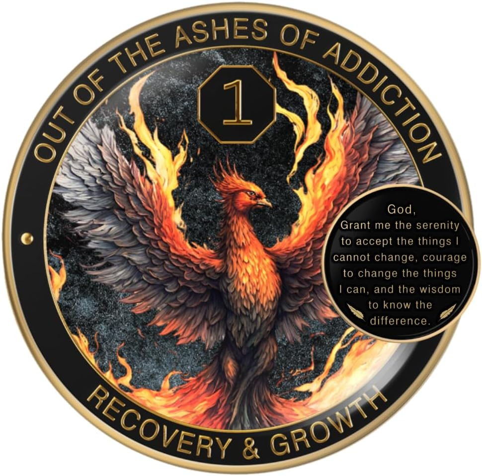 Milestonemint Phoenix Sobriety Coin | AA Chip Medallion Gift Set with Coin Capsule, Display Stand & Card for Sober Men & Women in Recovery | Sobriety Gifts for Anniversary Month & Year (1 Year) image number 1