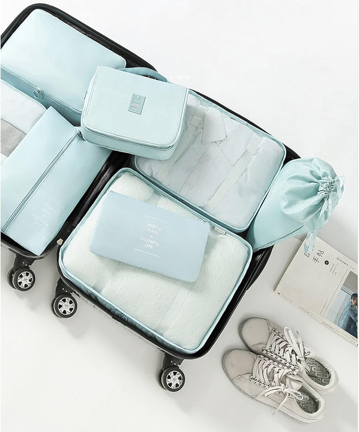 OEIPSMK Packing Cubes for Travel 8 Set Packing Cubes, Travel Luggage Organizers Waterproof Clothing Finishing Storage Bag with Laundry Bag & Shoe Bag for Clothing Cosmetics,White image number 3