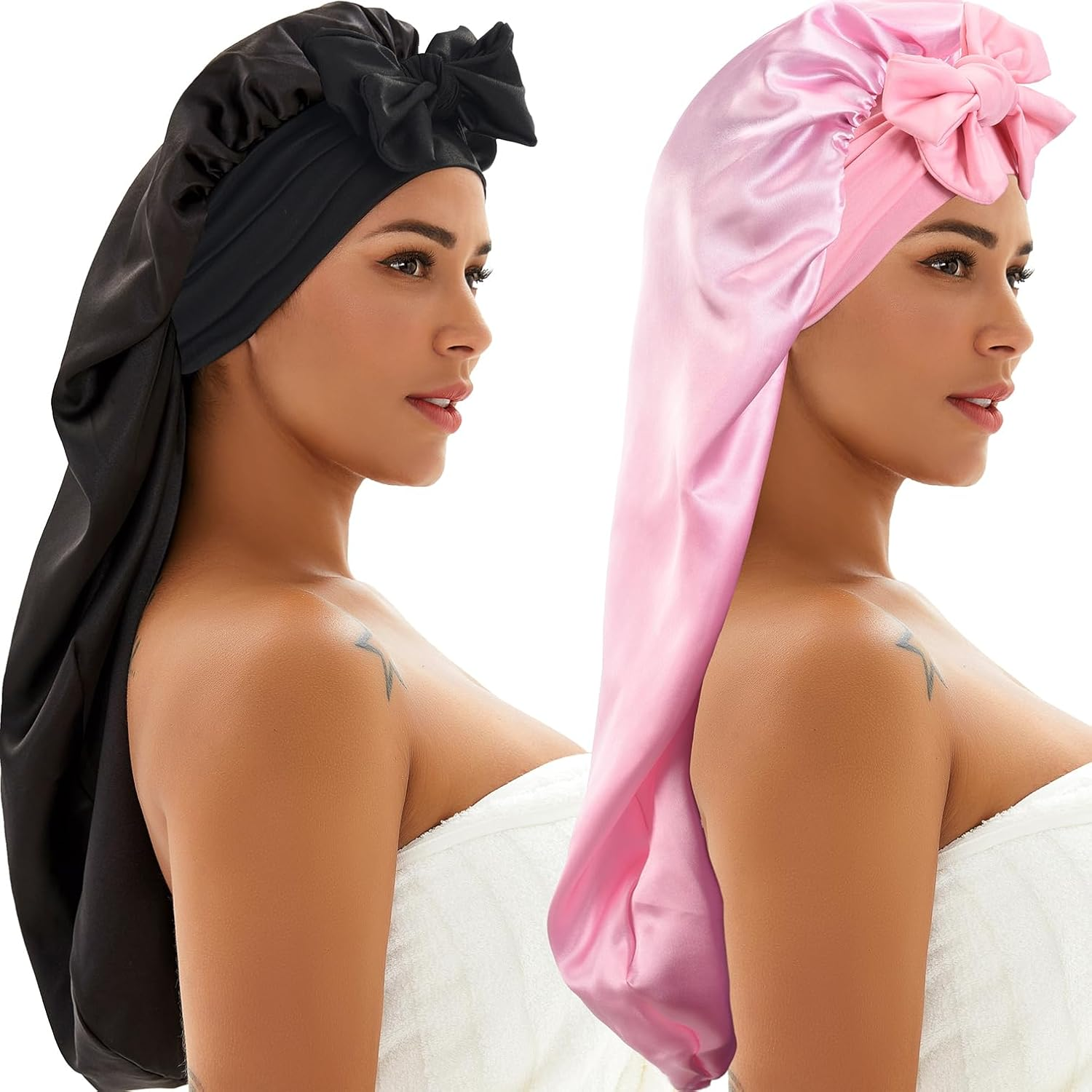 2 Pcs Silk Bonnet for Sleeping, Braid Bonnet Satin Bonnet with Tie Band Sleep Cap for Women Men Long Curly Hair Braids Black