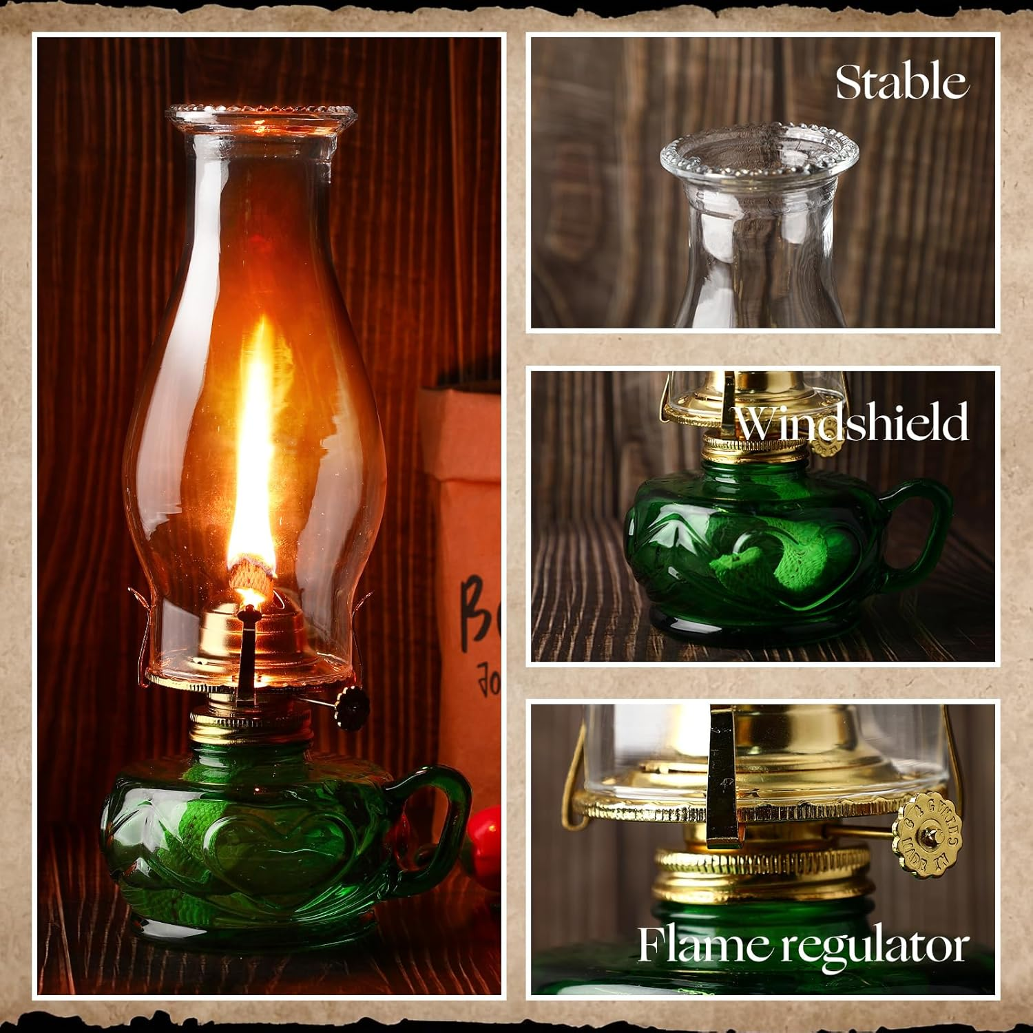 Yahenda 2 Pcs Chamber Oil Lamp Classic Kerosene Lamp Lantern Vintage Oil Lantern Decorative Antique Hurricane Lamp with Adjustable Fire Wick for Home Indoor Use, 12.6 Inch Height (Green,Gold) image number 2